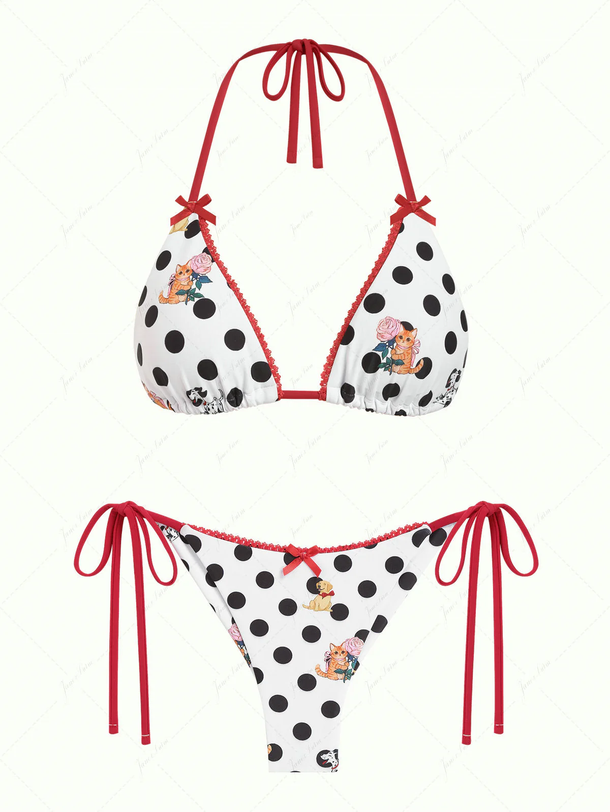 White Polka Dot Animal Print Triangle Top & Cheeky Brazilian Bottom Bikini Set - Image 2