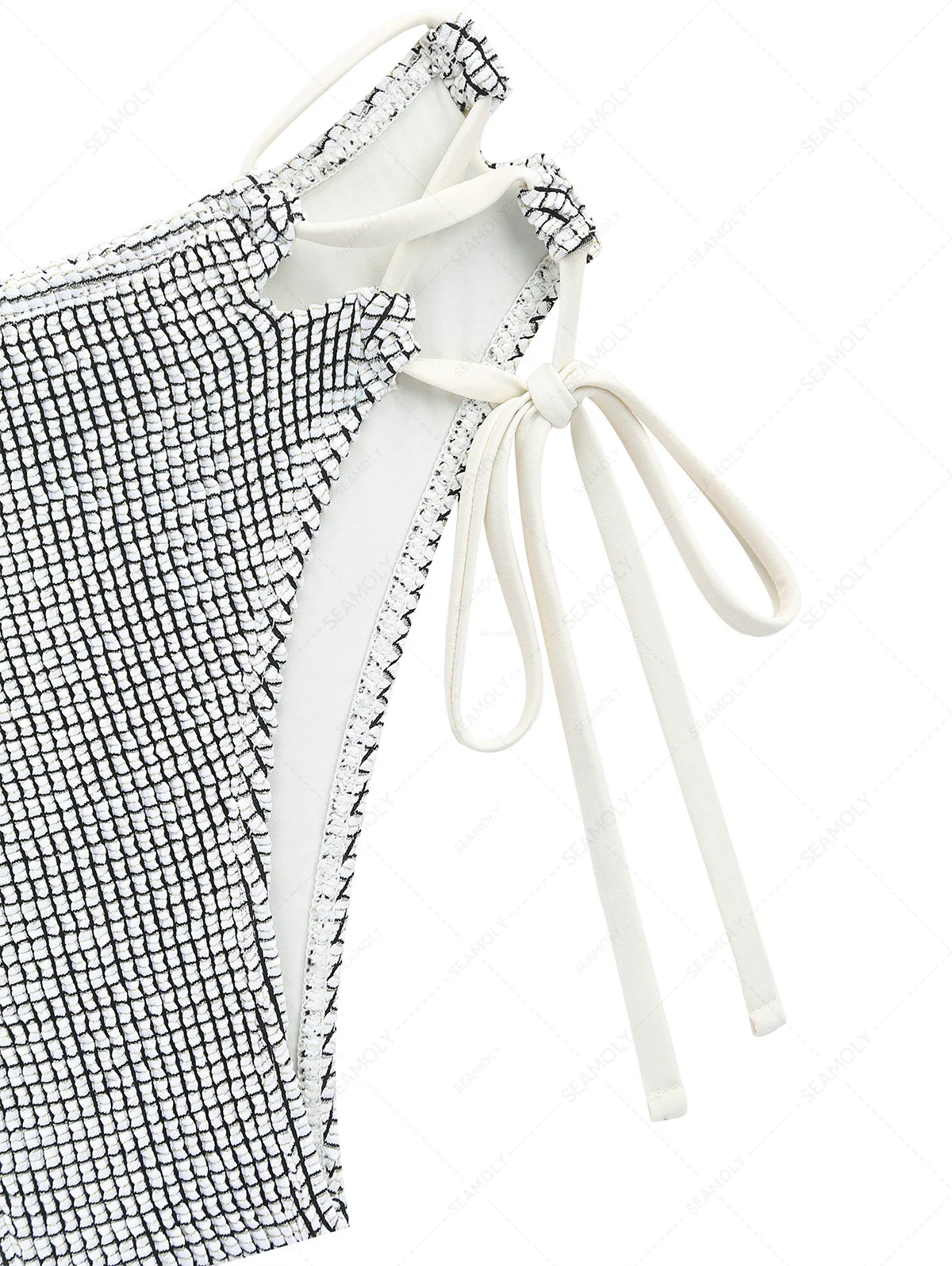 White Textured Fabric Lace Up Side Full Coverage Bikini Bottom - Image 3