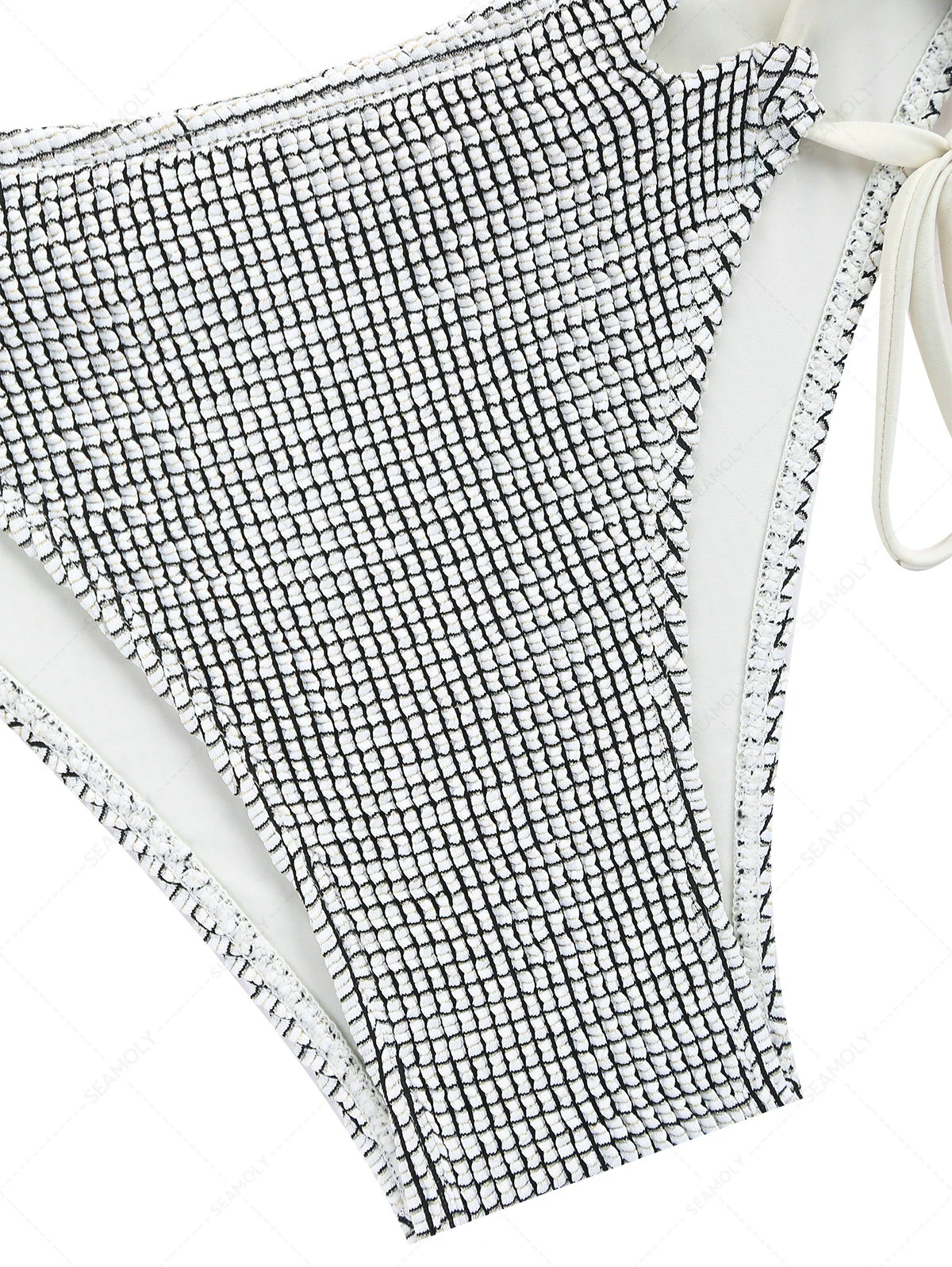 White Textured Fabric Lace Up Side Full Coverage Bikini Bottom - Image 4