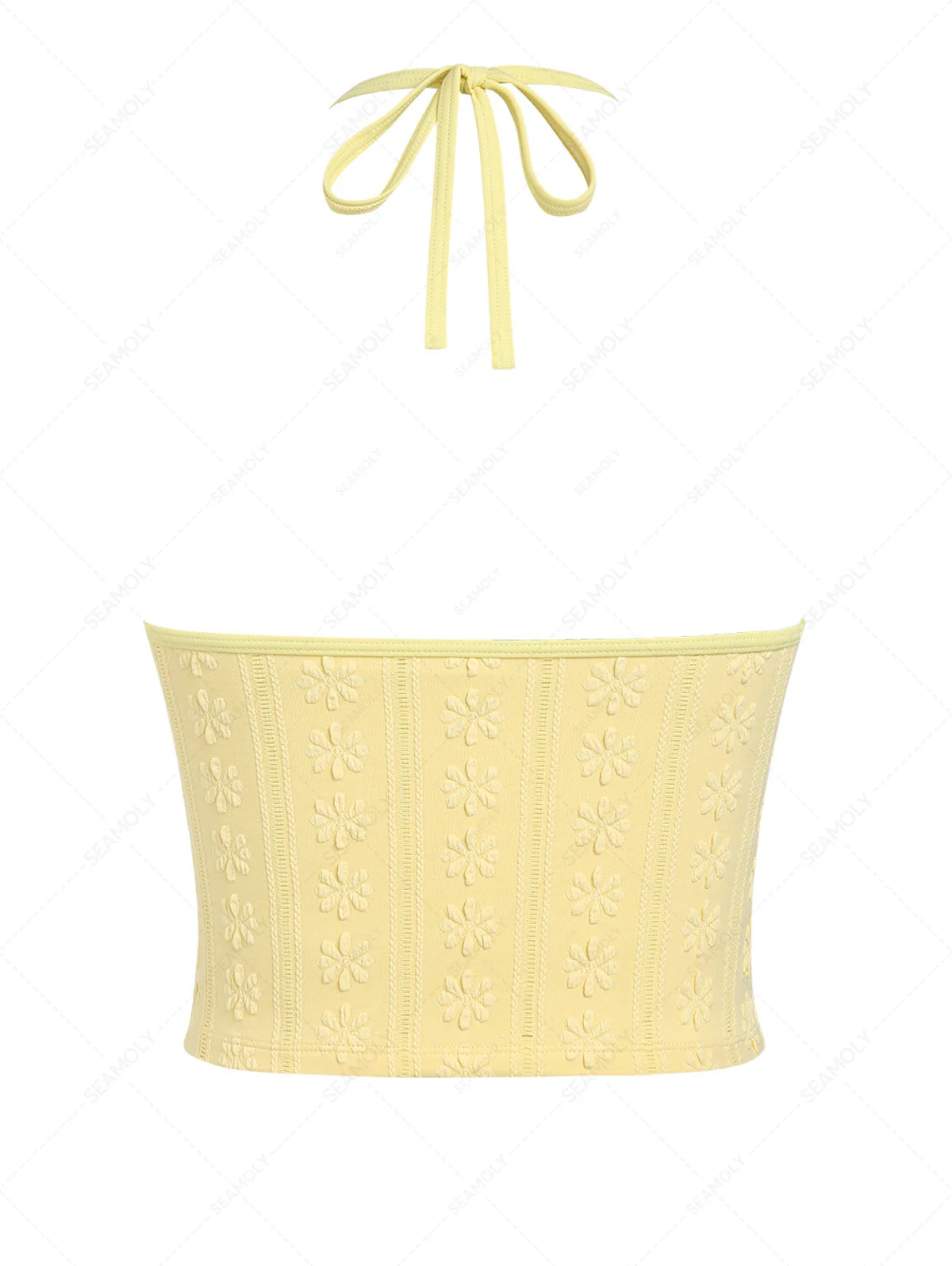 Yellow Floral Jacquard Textured Halter Tied Bikini Tankini Top - Image 6