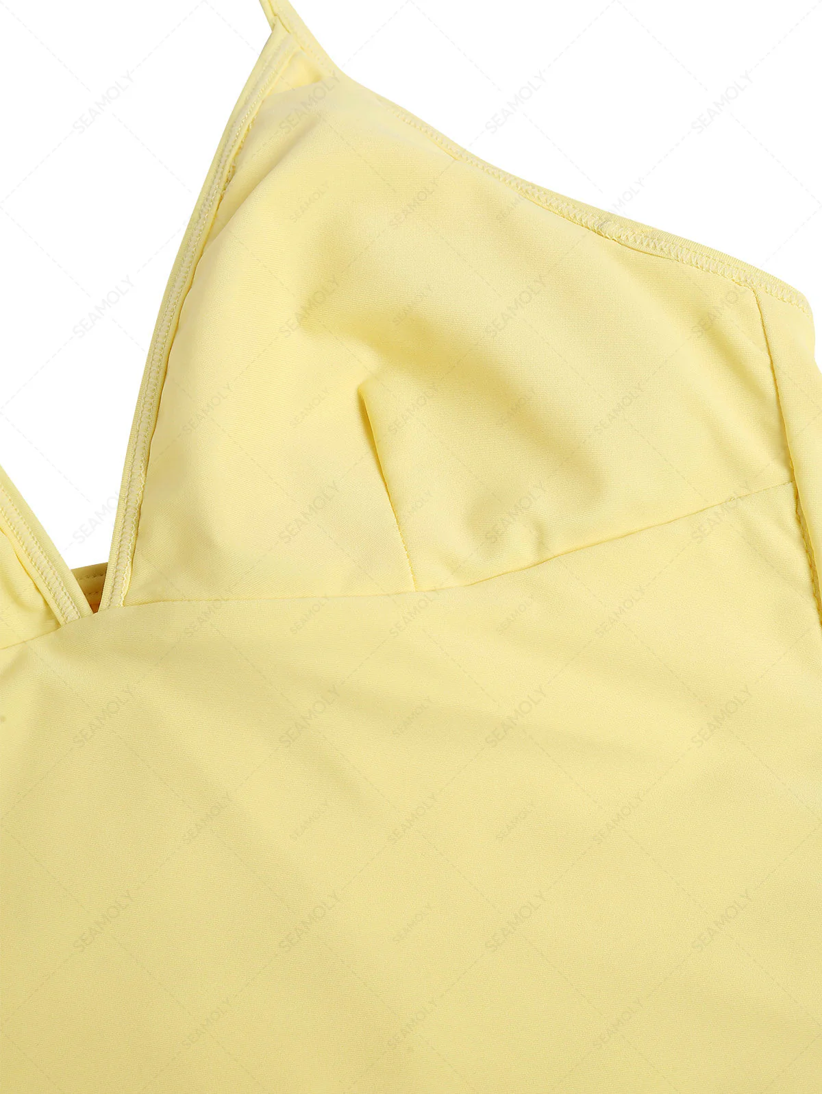 Yellow Floral Jacquard Textured Halter Tied Bikini Tankini Top - Image 7