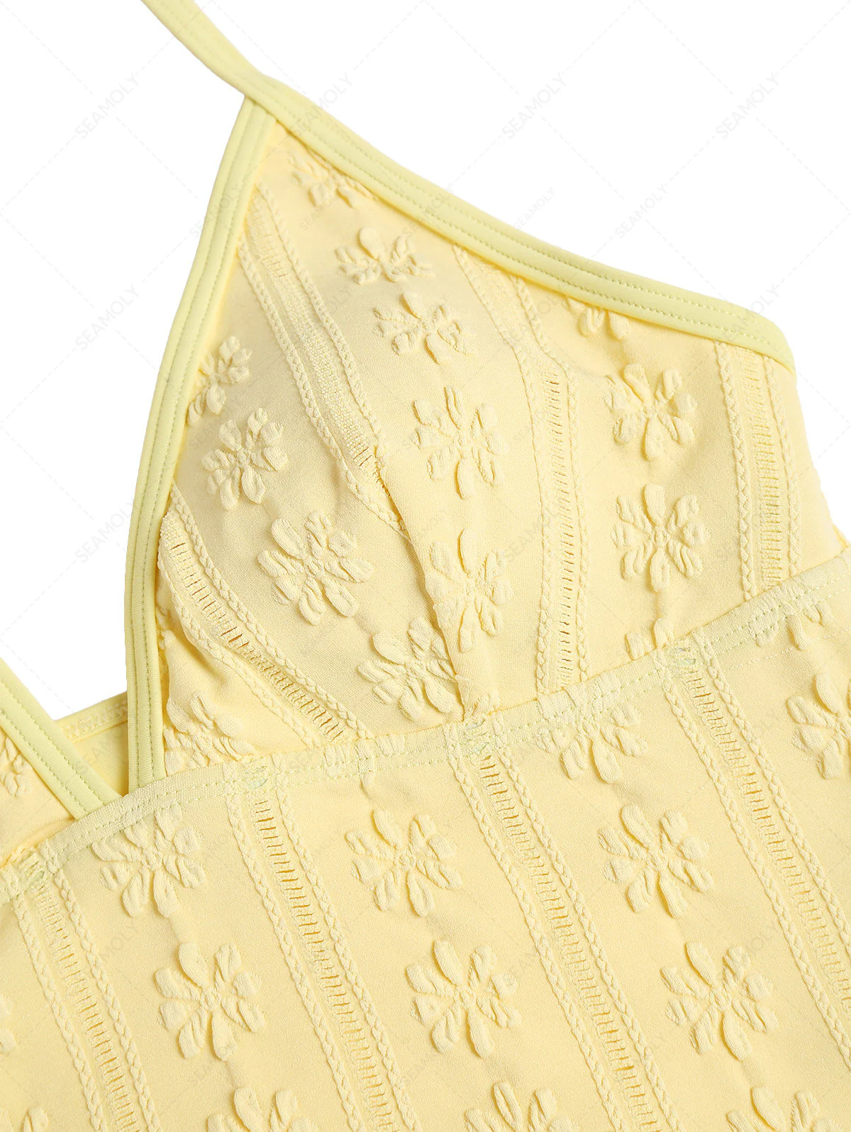 Yellow Floral Jacquard Textured Halter Tied Bikini Tankini Top - Image 8