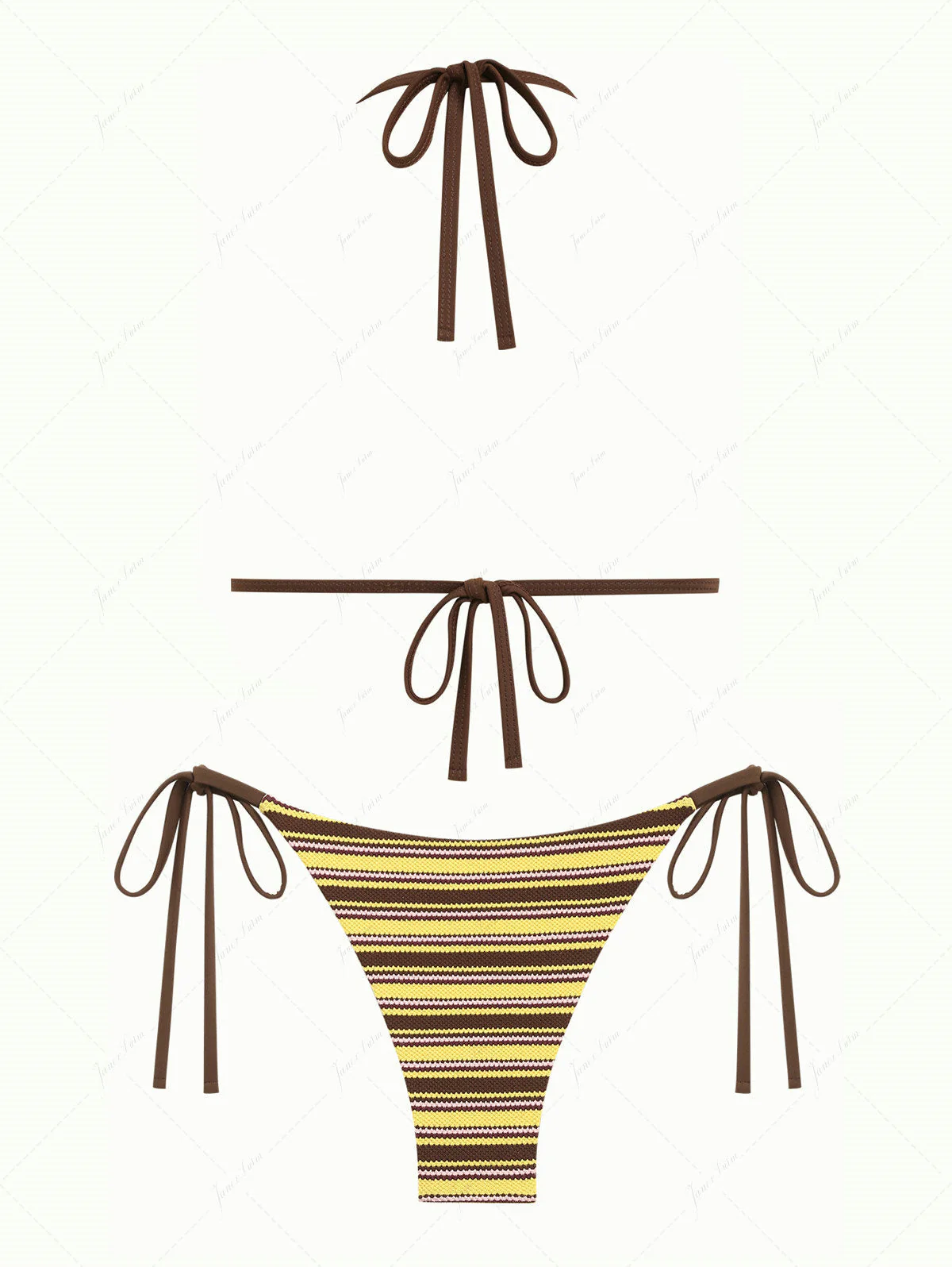 Yellow Knit Striped Textured Triangle Push Up Bikini Set - Image 2