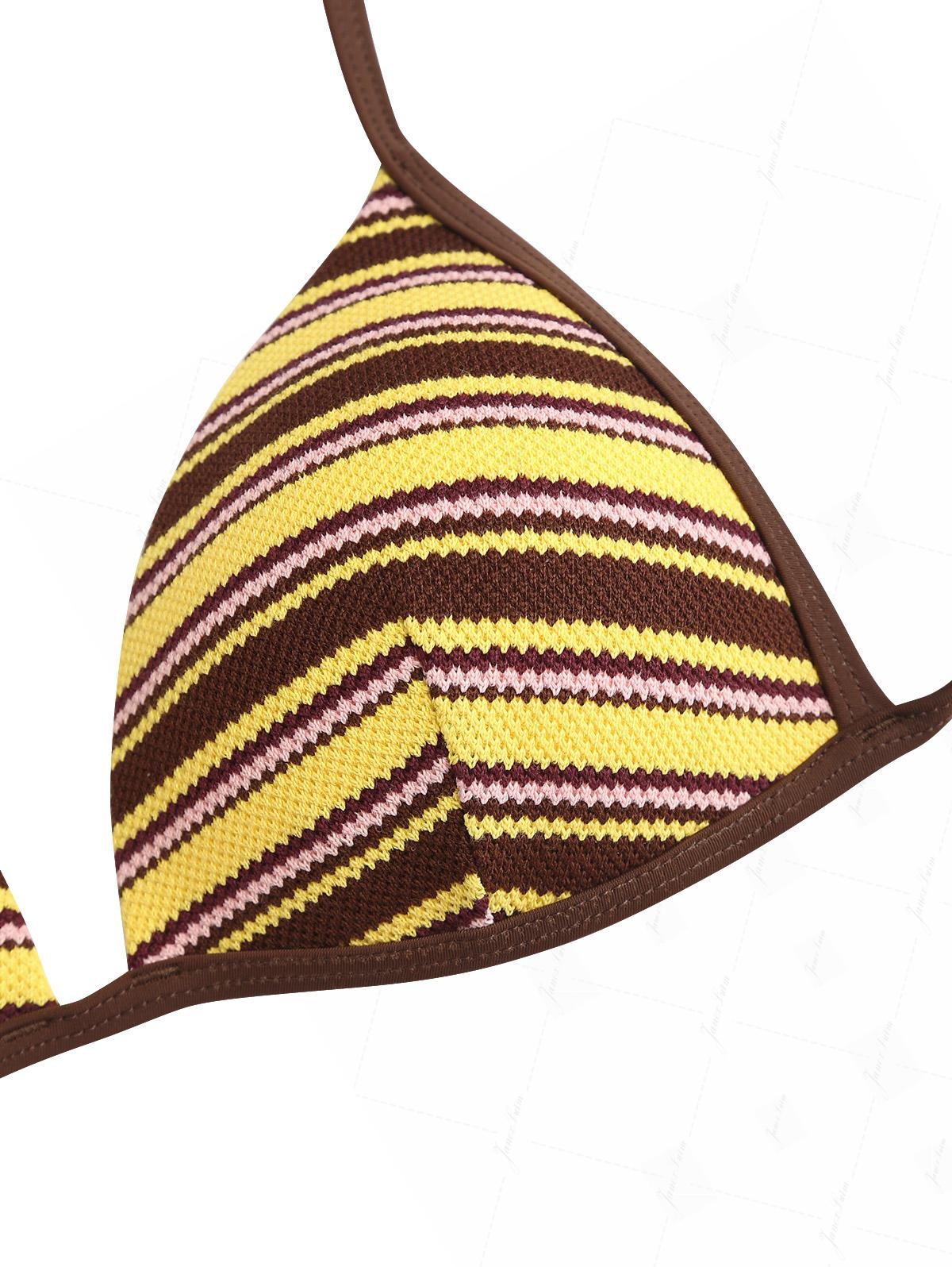 Yellow Knit Striped Textured Triangle Push Up Bikini Set - Image 3