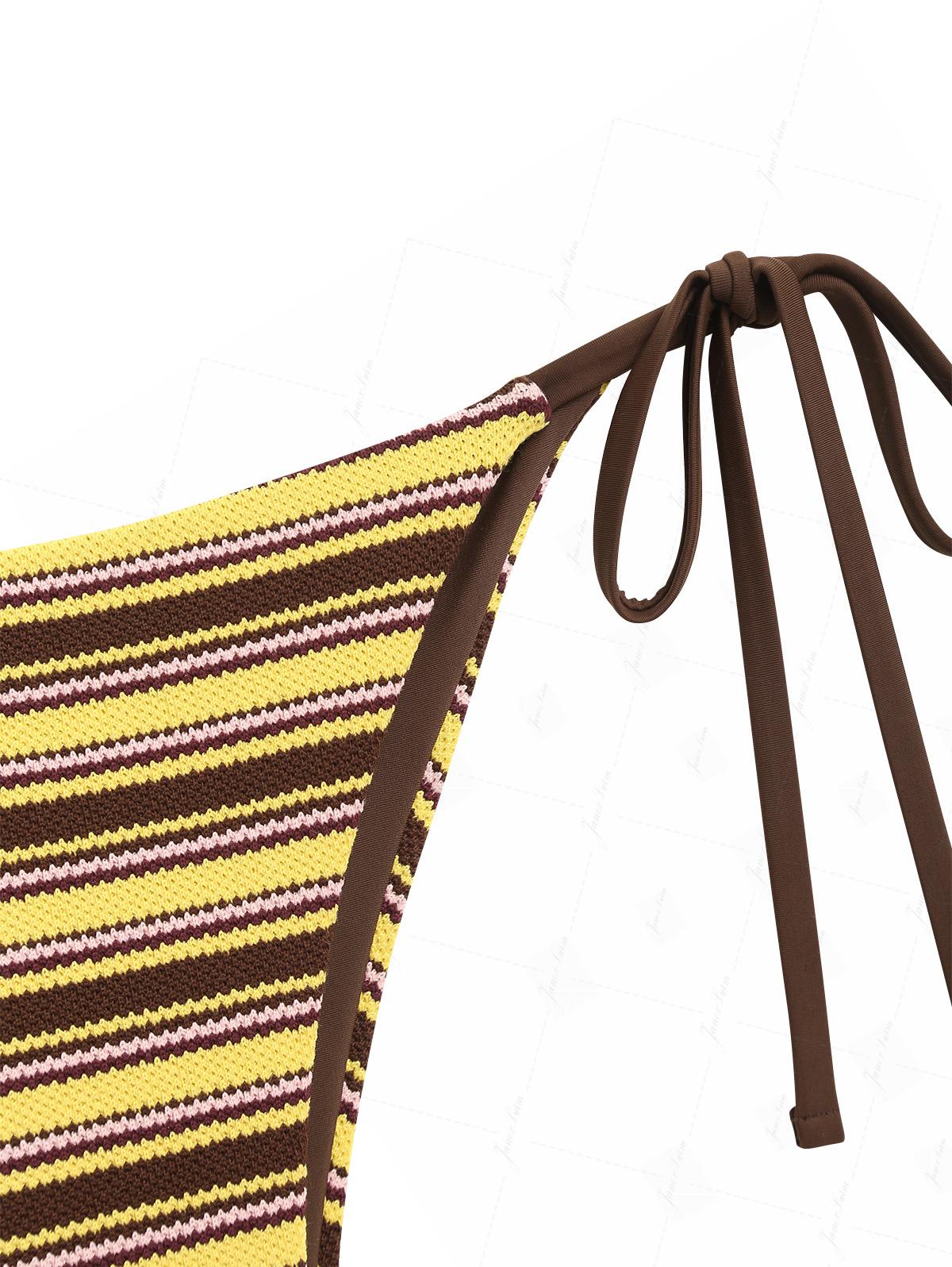 Yellow Knit Striped Textured Triangle Push Up Bikini Set - Image 6