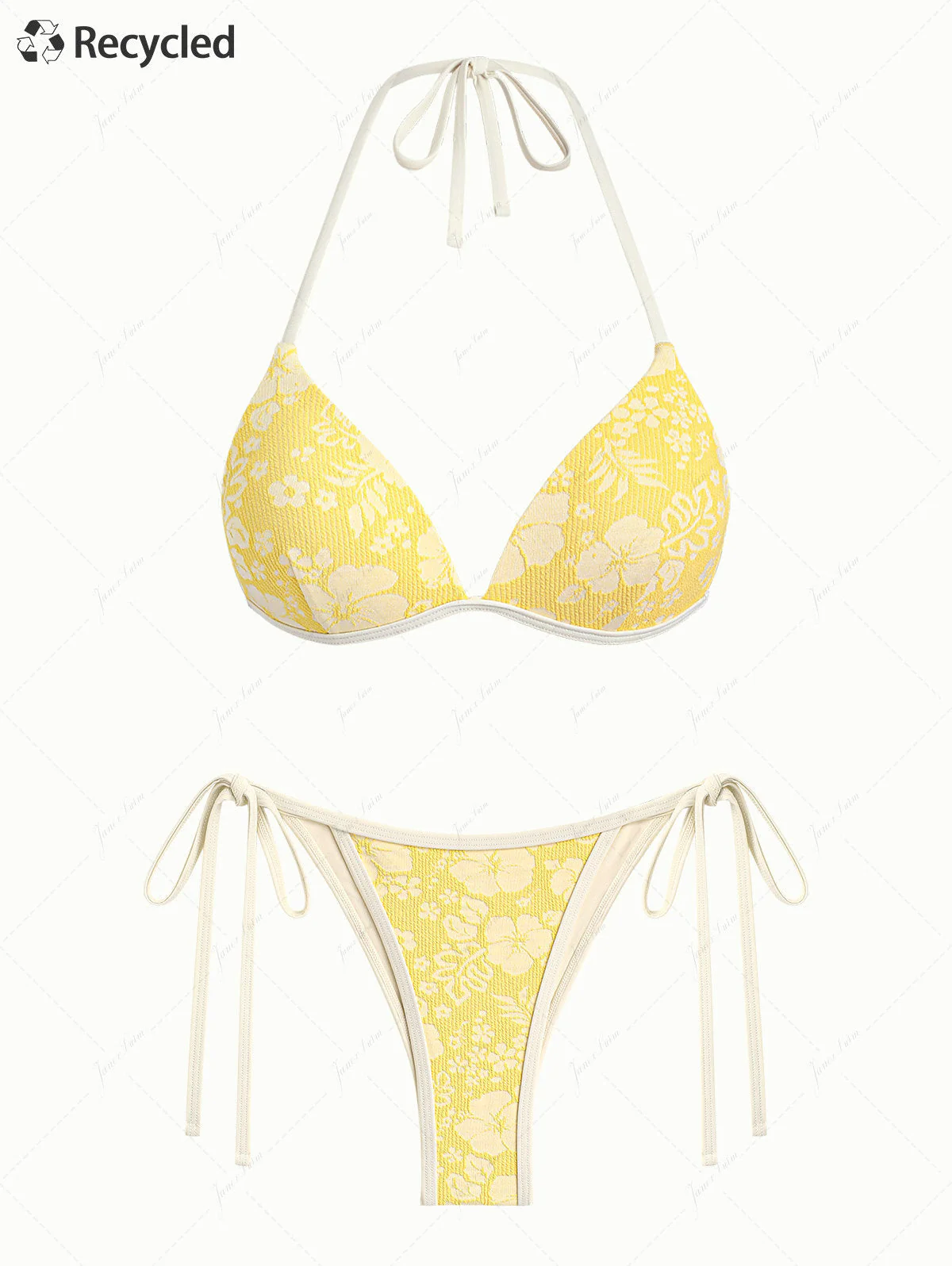 Yellow Recycled Fabric Jacquard Push Up Top & Cheeky Brazilian Bottom Bikini Set