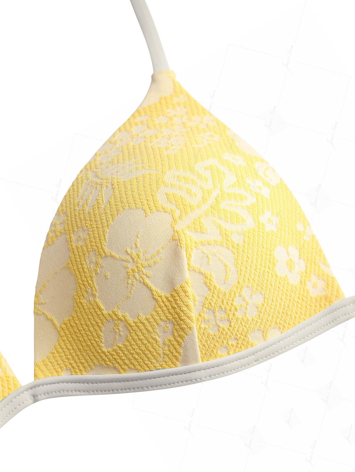 Yellow Recycled Fabric Jacquard Push Up Top & Cheeky Brazilian Bottom Bikini Set - Image 3