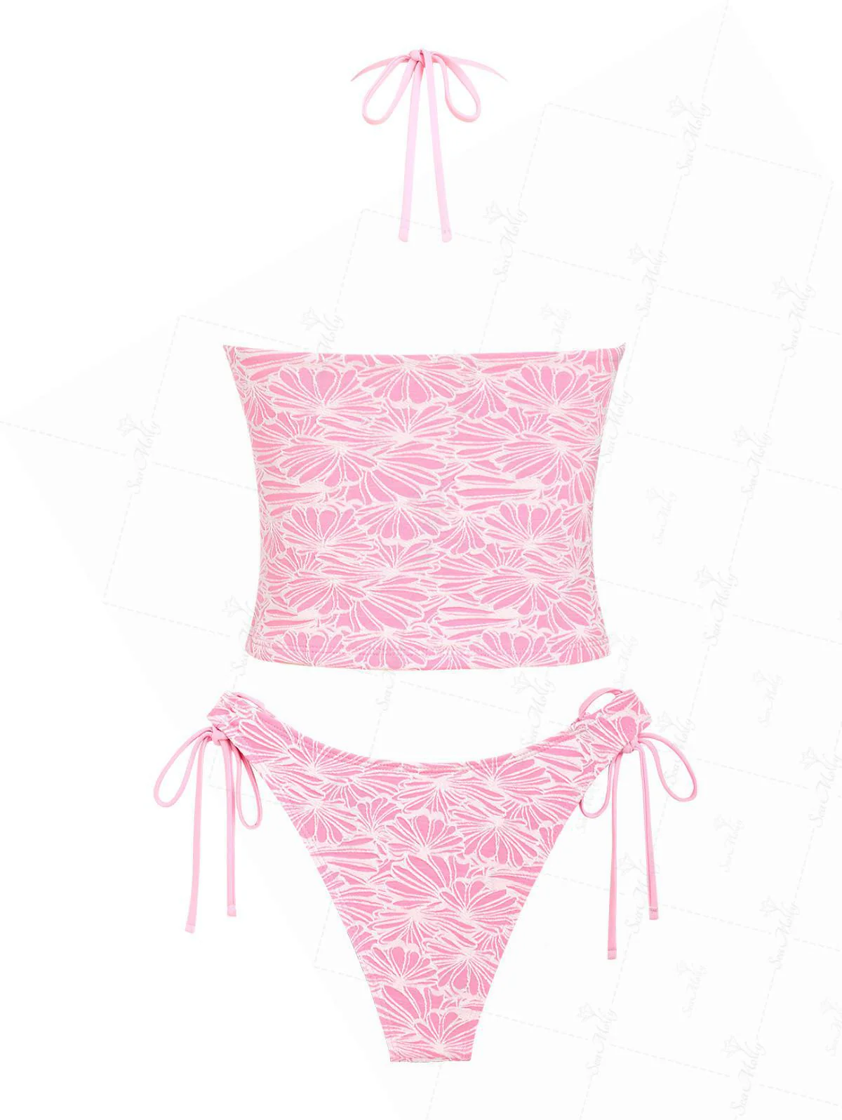 Seamolly Floral Jacquard Textured Halter Tie Side Tankini Set - Image 4