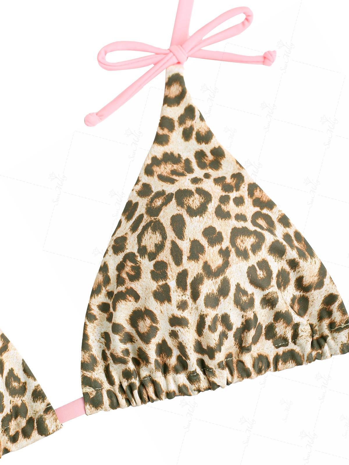 Seamolly Leopard Contrast Color Bowknot Halter Triangle Tie Side Bikini Set - Image 4