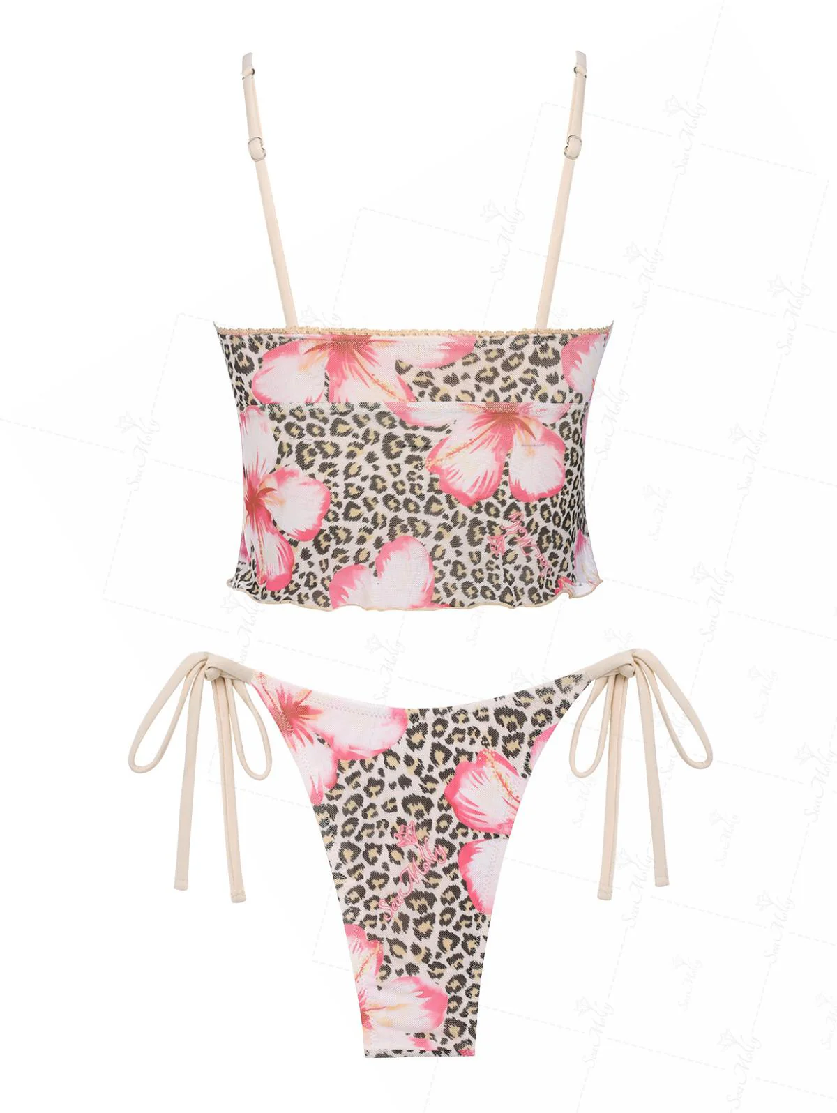 Seamolly Vintage Leopard Floral Print Lace Trim Tie Side Tankini Set - Hawaii Style - Image 10