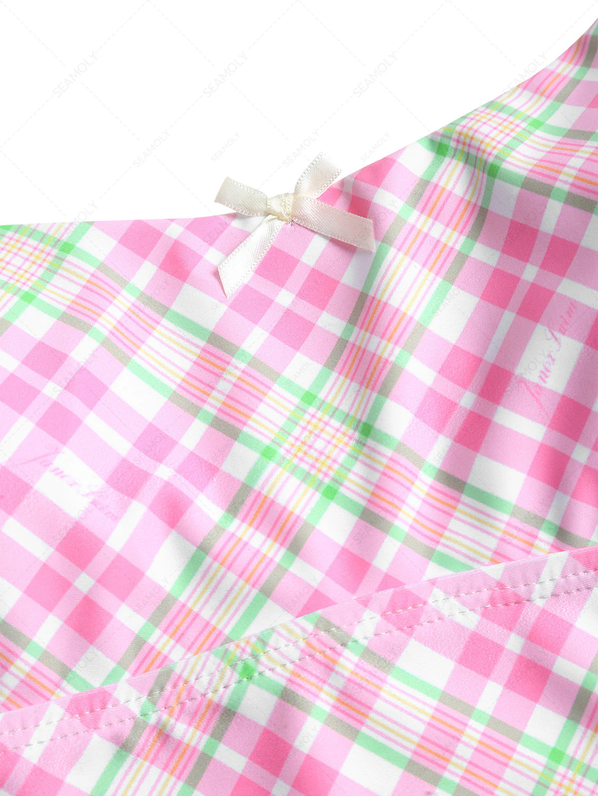 Light Pink Plaid Bowknot Spaghetti Straps Bikini Tankini Top - Image 3