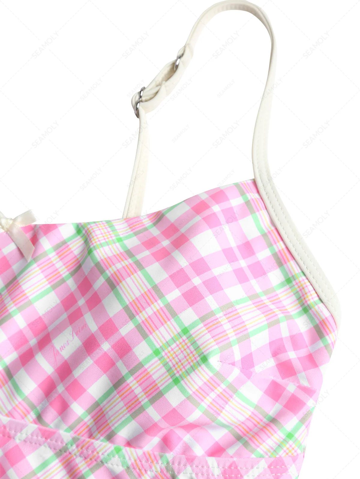 Light Pink Plaid Bowknot Spaghetti Straps Bikini Tankini Top - Image 4