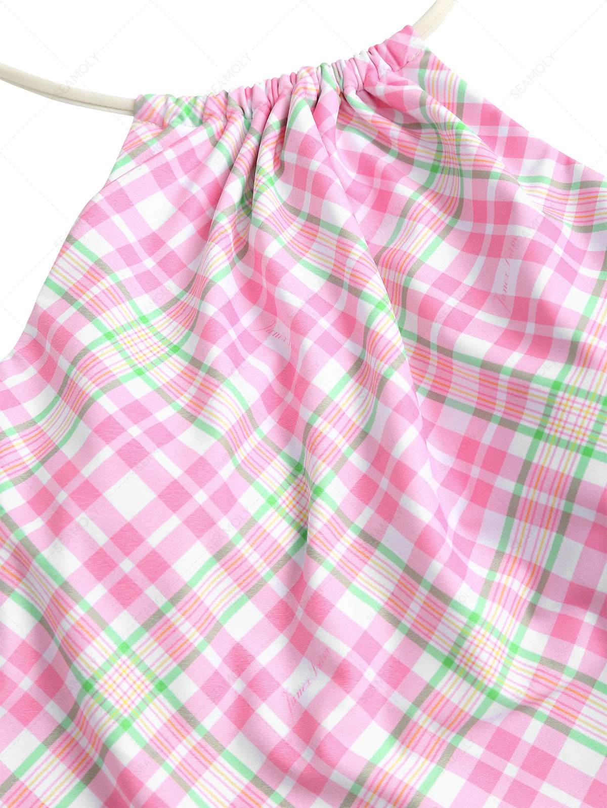 Light Pink Plaid Halter Tied Bikini Tankini Top - Image 3