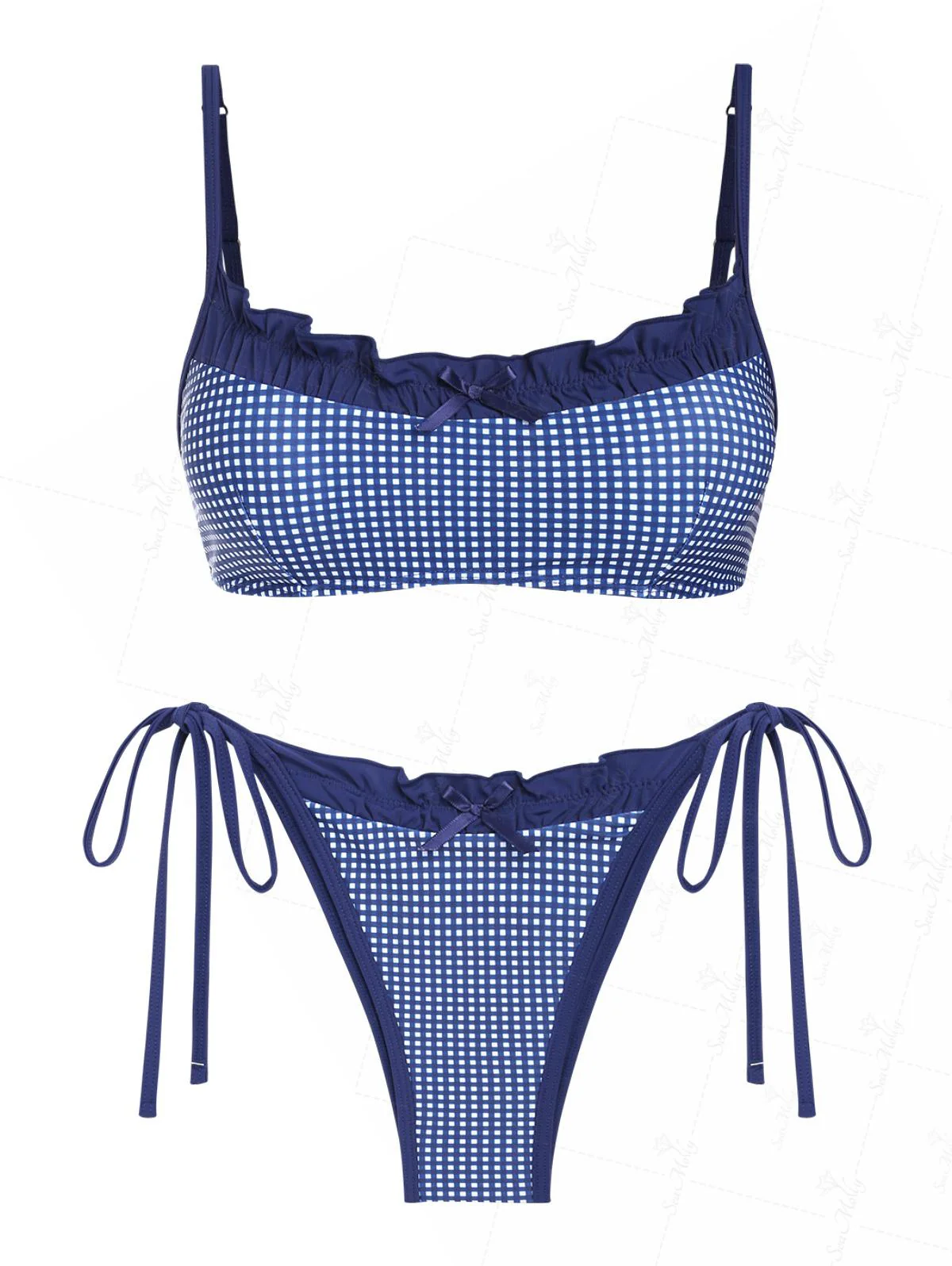 Seamolly Vintage Gingham Ruched Ruffles Trim Bowknot Decor Tie Side Bikini Set
