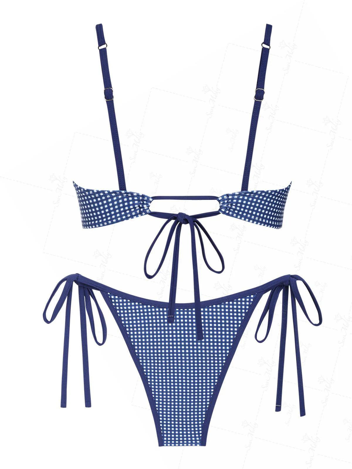 Seamolly Vintage Gingham Ruched Ruffles Trim Bowknot Decor Tie Side Bikini Set - Image 2