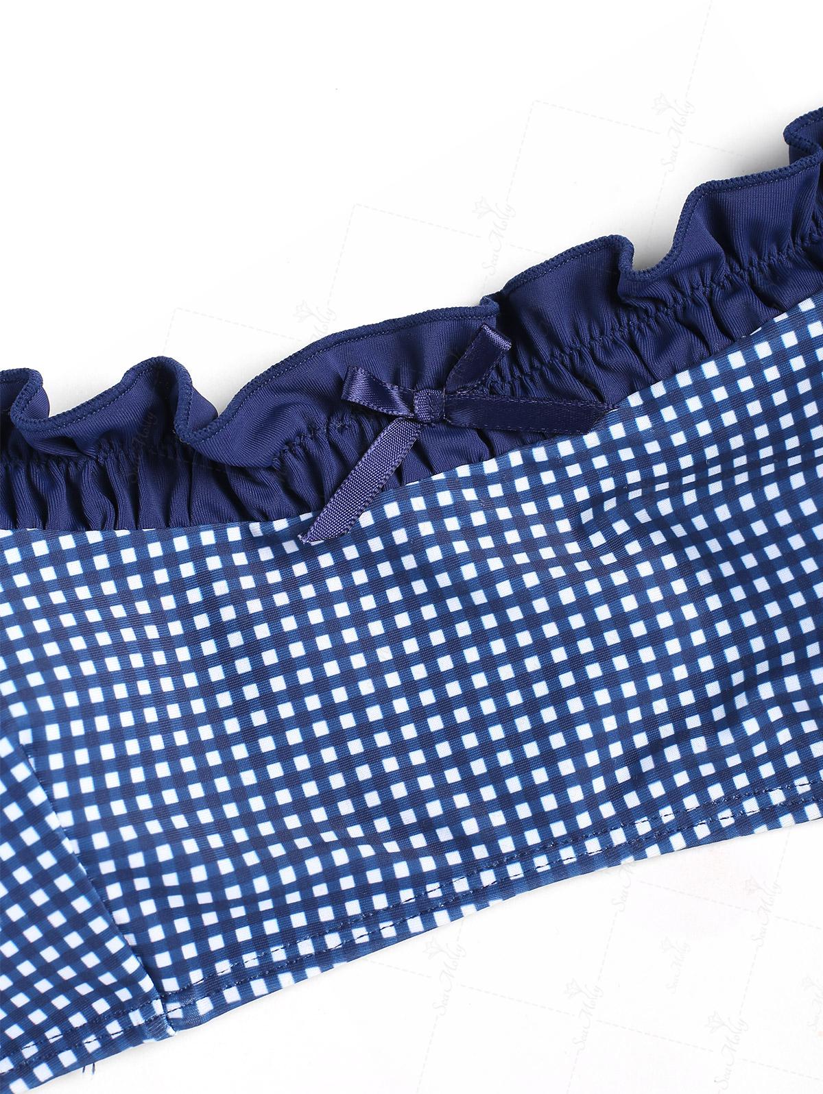 Seamolly Vintage Gingham Ruched Ruffles Trim Bowknot Decor Tie Side Bikini Set - Image 3