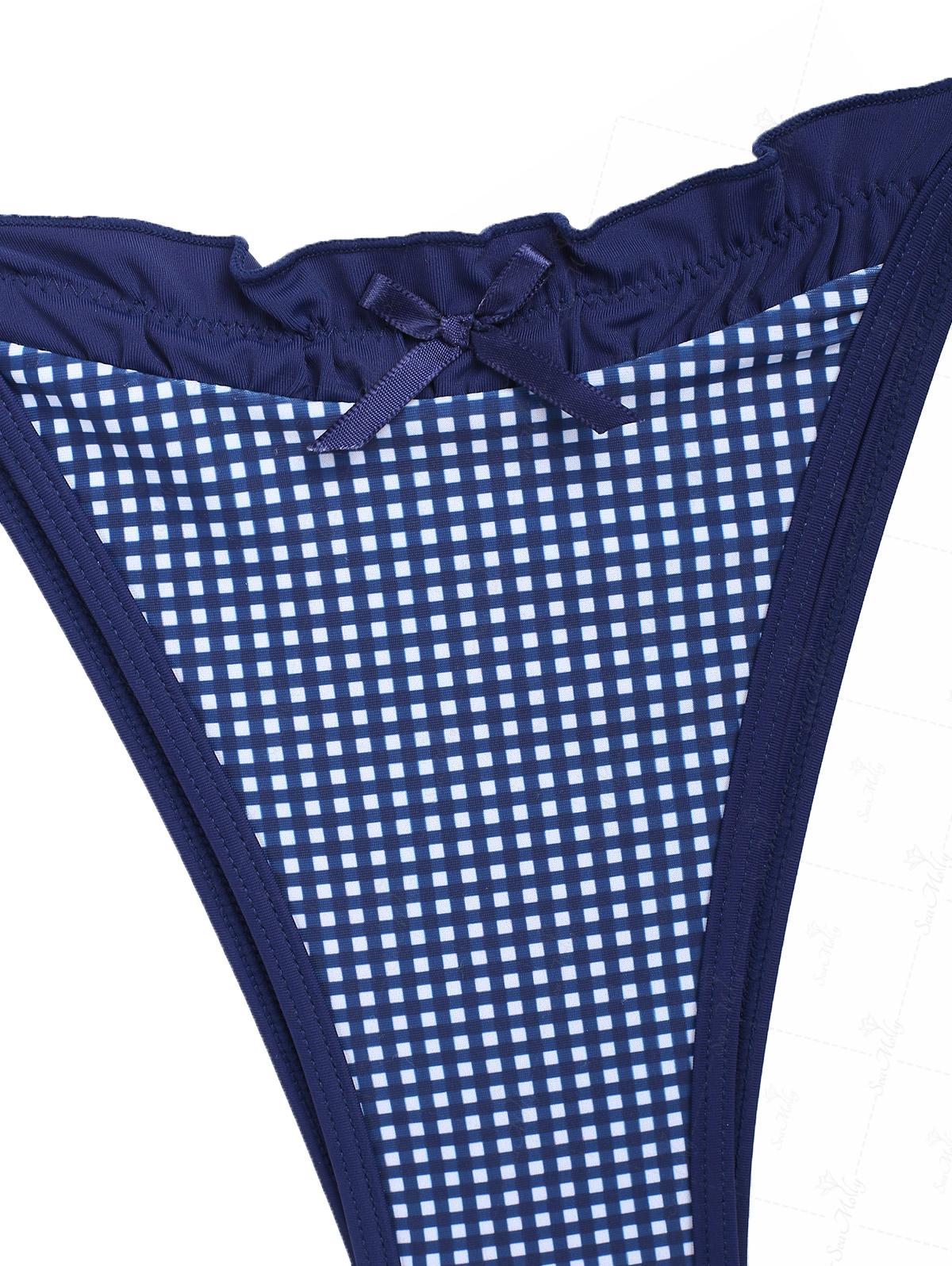 Seamolly Vintage Gingham Ruched Ruffles Trim Bowknot Decor Tie Side Bikini Set - Image 5