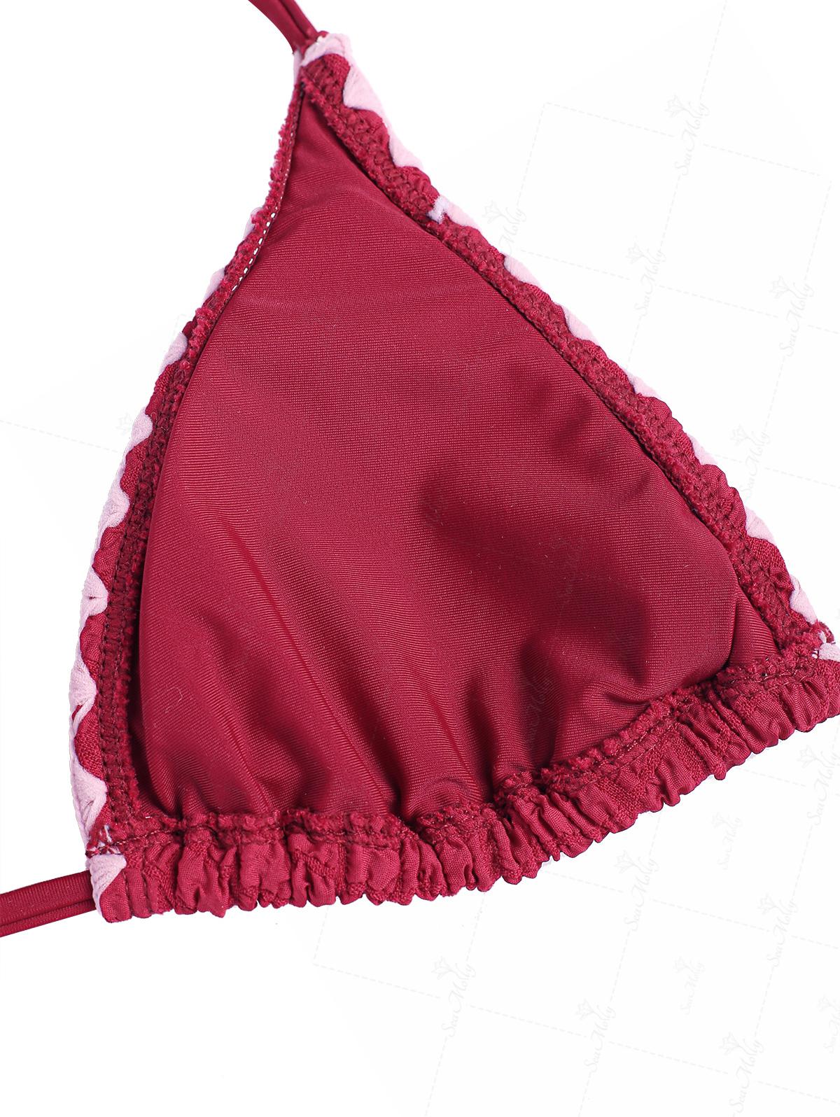 Seamolly Contrast Binding Textured Halter Triangle Tie Side Bikini Set - Image 4