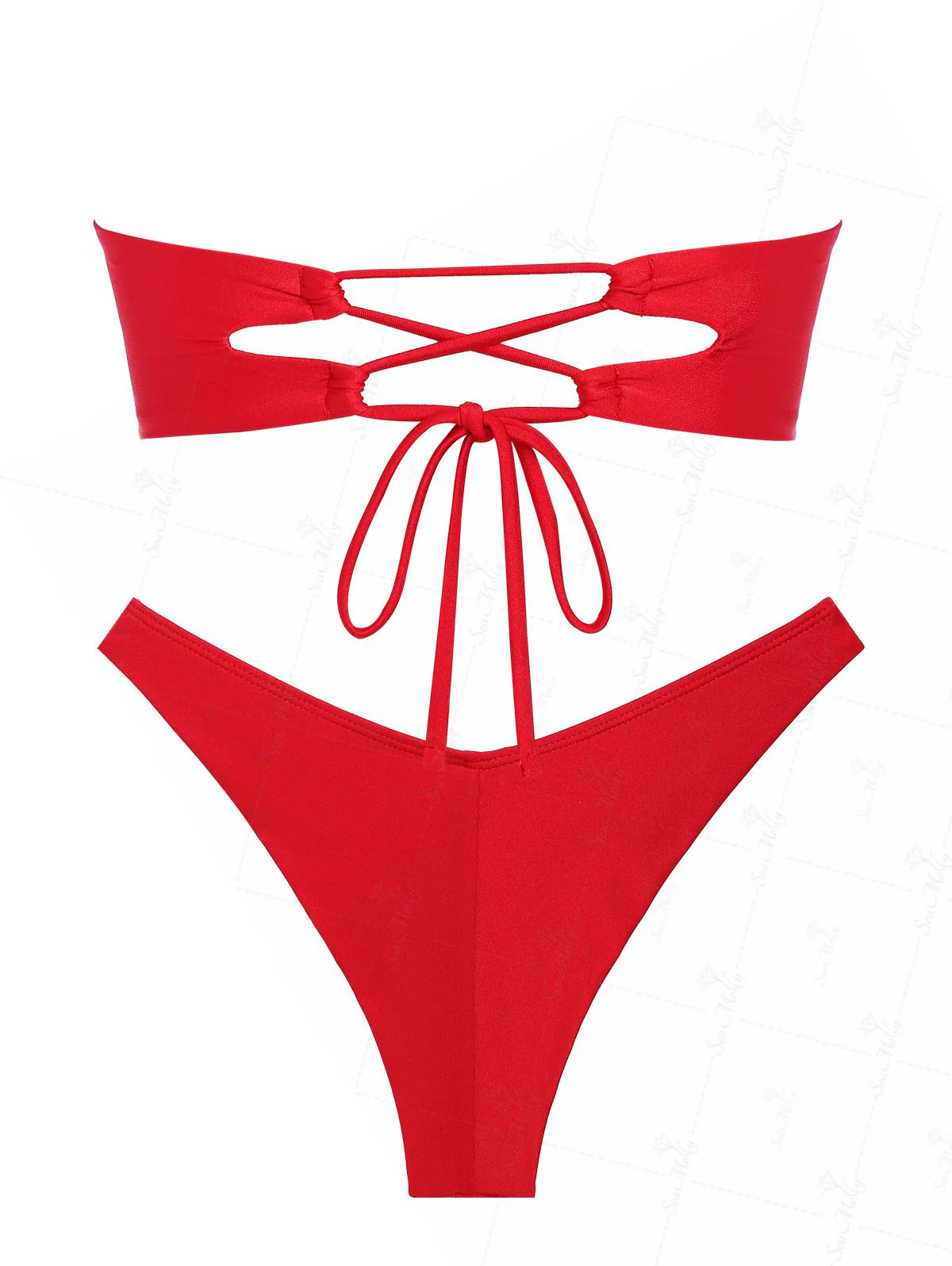 Seamolly Vintage Ruched U-Ring Metal Tied Back Bandeau Top & Cheeky Brazilian Bottom Bikini Set - Image 8