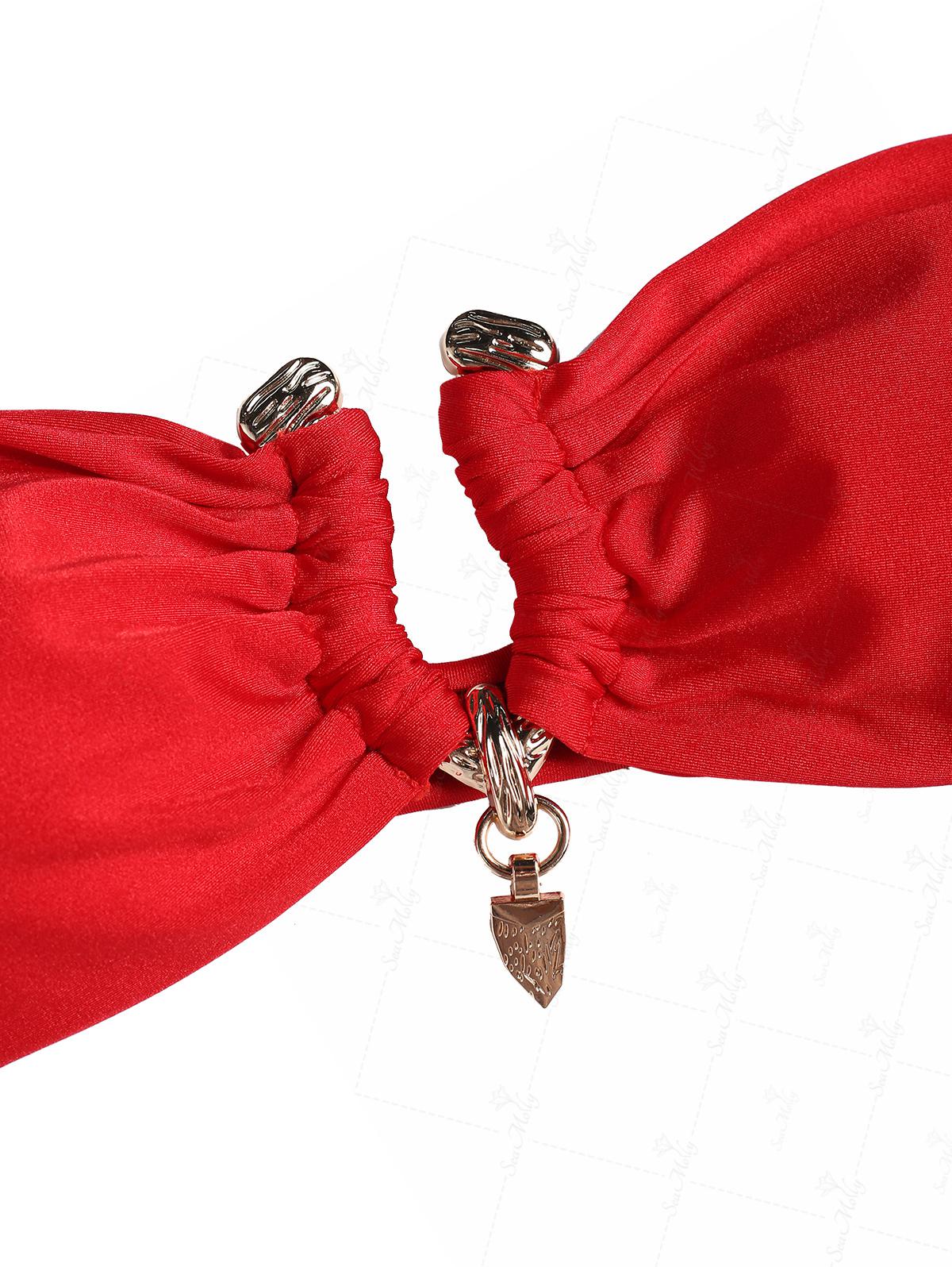 Seamolly Vintage Ruched U-Ring Metal Tied Back Bandeau Top & Cheeky Brazilian Bottom Bikini Set - Image 9