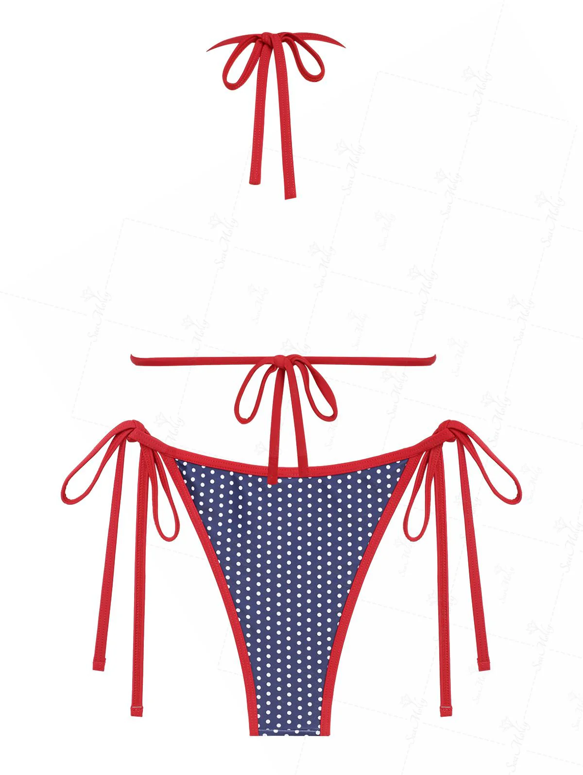 Seamolly Contrast Binding Polka Dots Print Halter Triangle Tie Side Bikini Set for 4th of July - Image 10