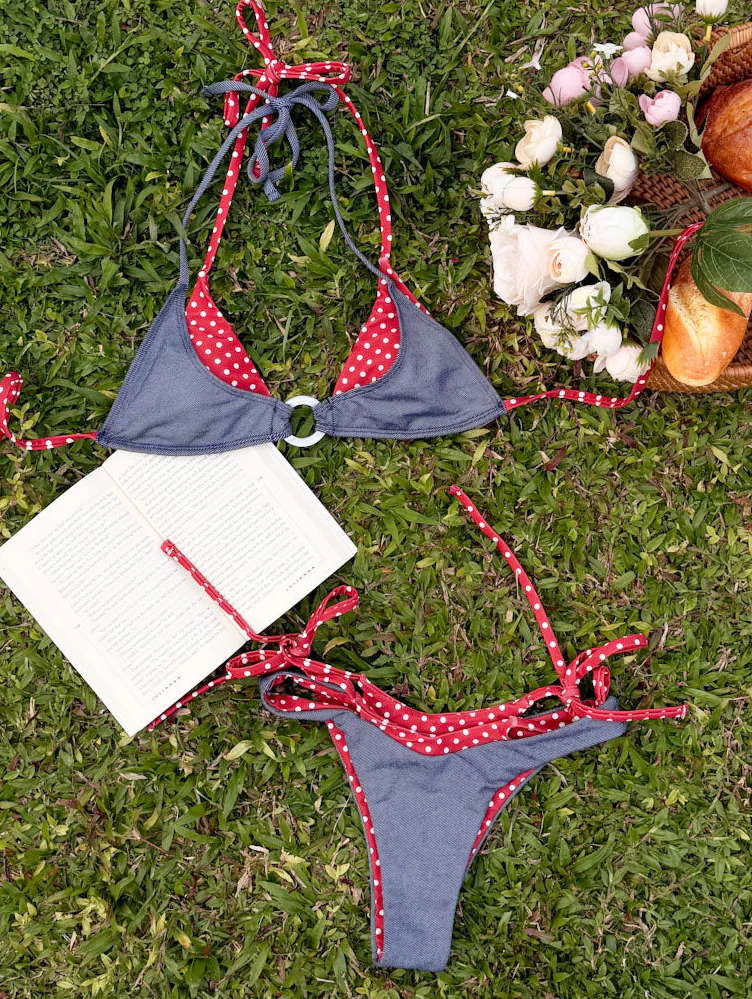 Seamolly 3 Piece Denim Polka Dot Print O Ring Double Layer Cheeky Boyshort Bikini Set - Image 2