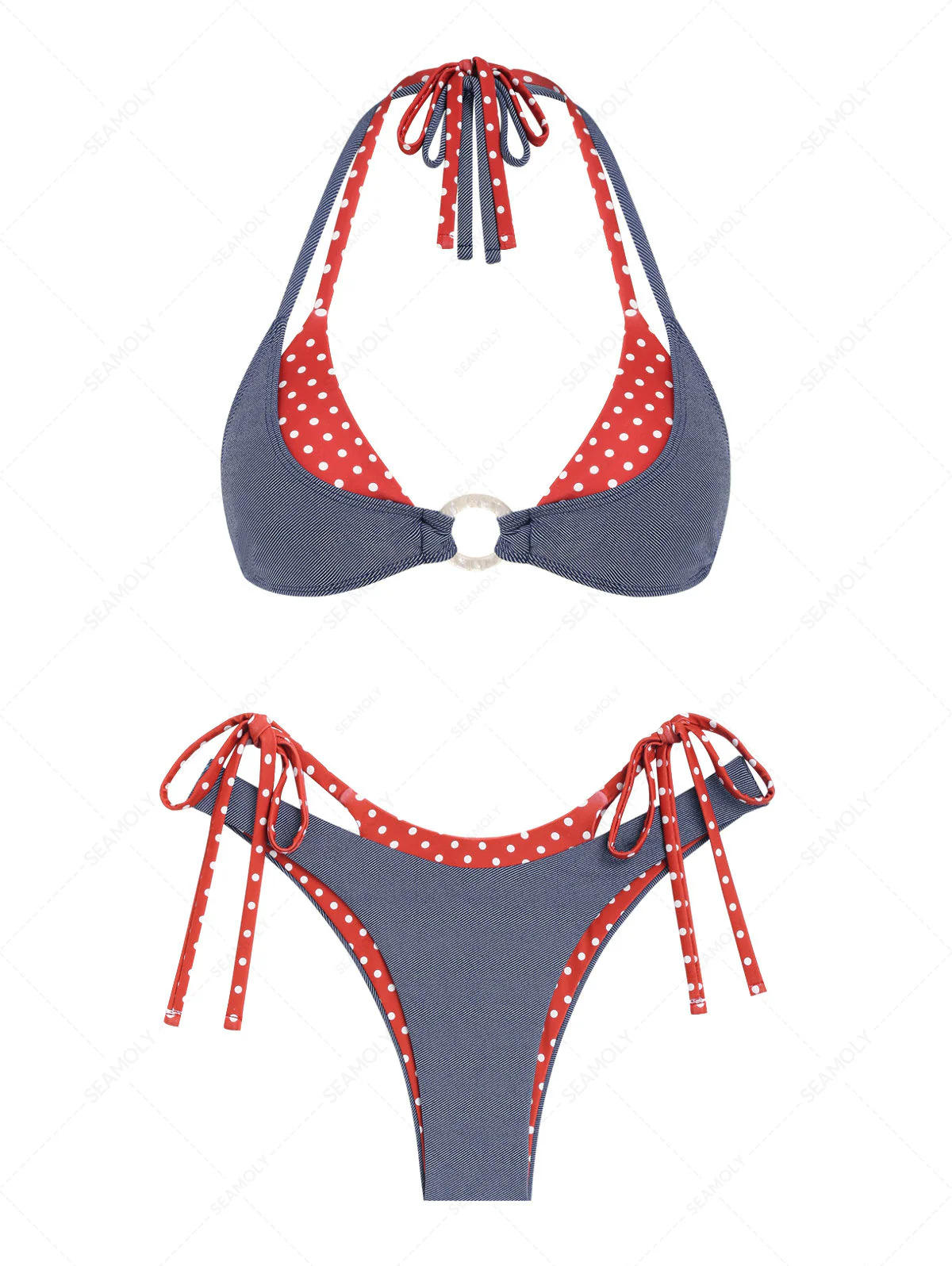 Seamolly 3 Piece Denim Polka Dot Print O Ring Double Layer Cheeky Boyshort Bikini Set - Image 3