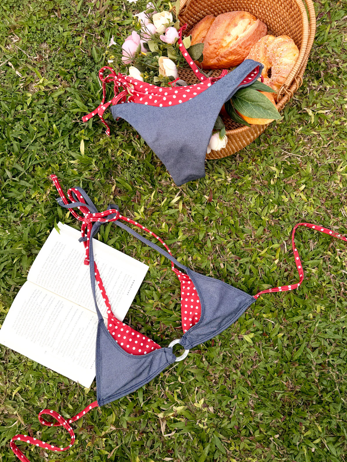 Seamolly 3 Piece Denim Polka Dot Print O Ring Double Layer Cheeky Boyshort Bikini Set - Image 4