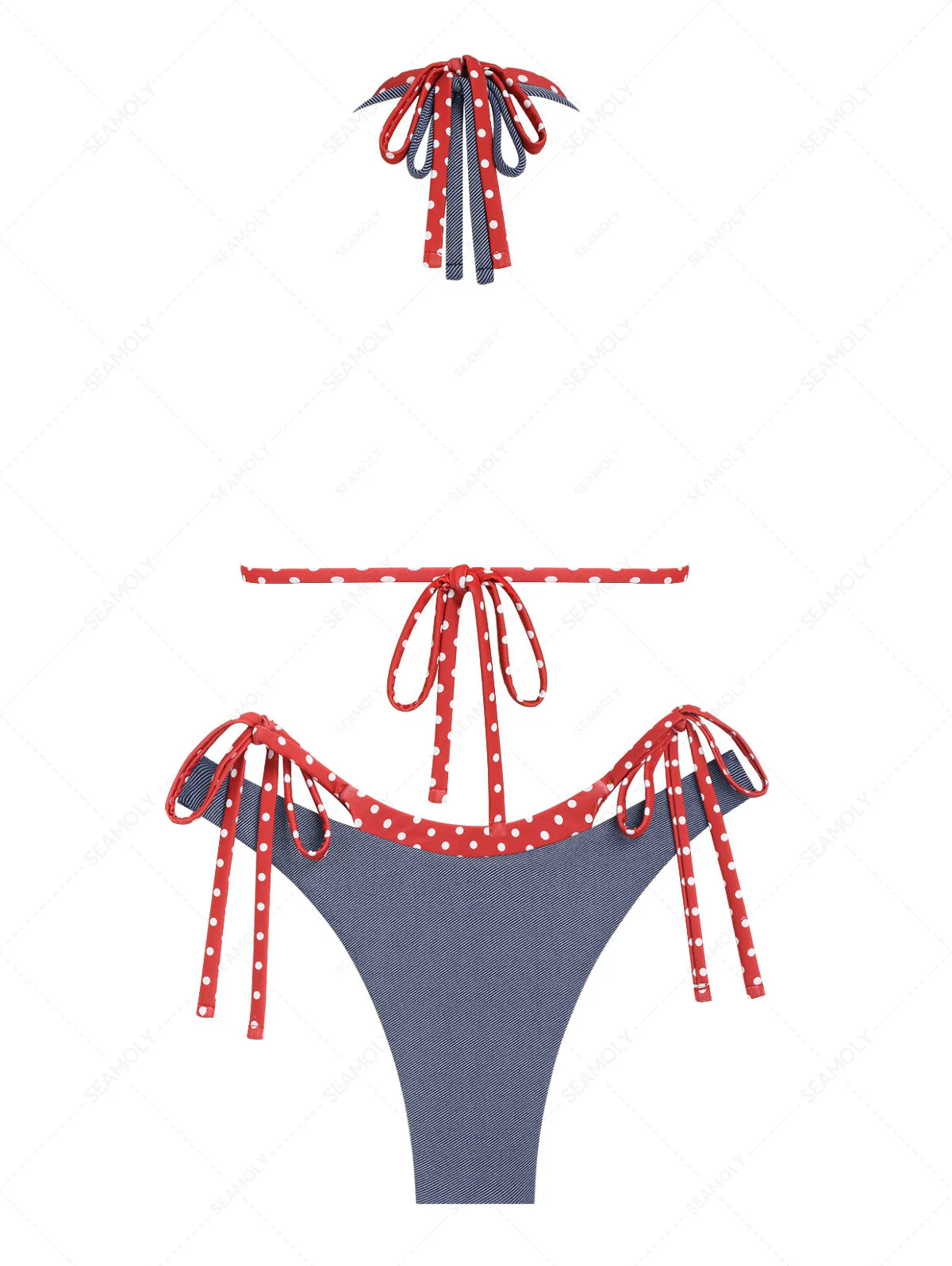 Seamolly 3 Piece Denim Polka Dot Print O Ring Double Layer Cheeky Boyshort Bikini Set - Image 5