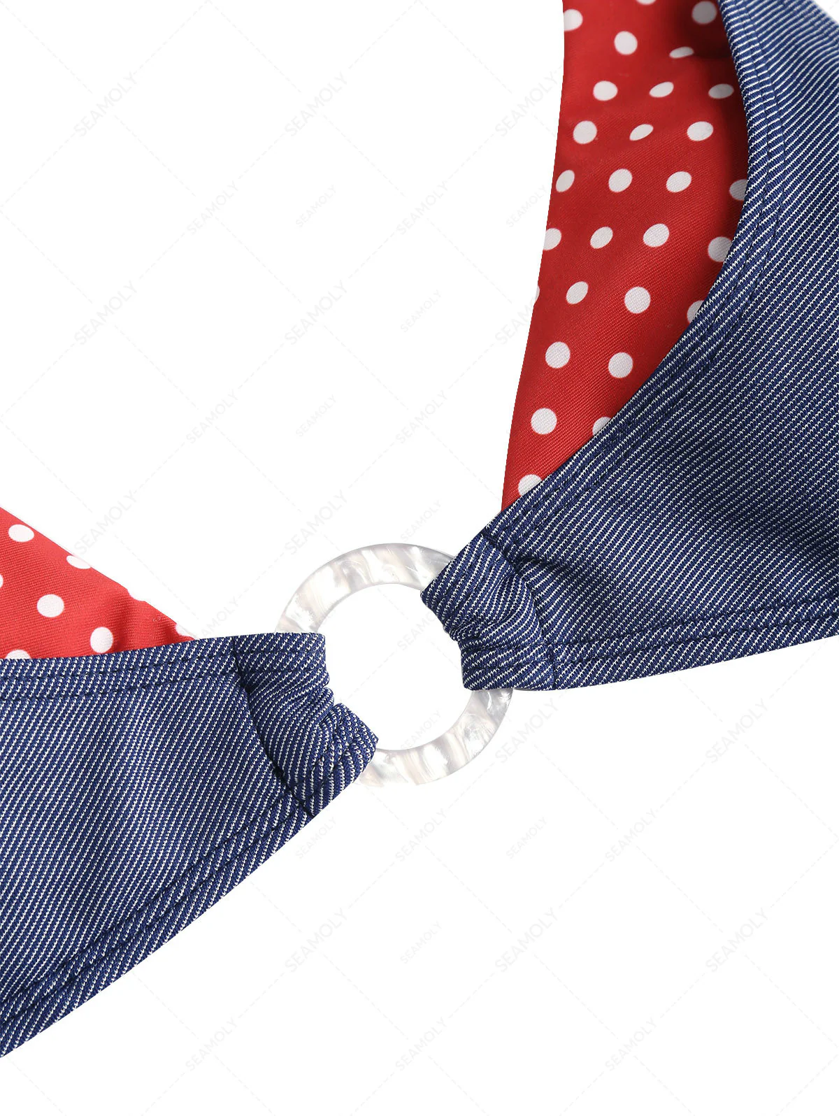 Seamolly 3 Piece Denim Polka Dot Print O Ring Double Layer Cheeky Boyshort Bikini Set - Image 6