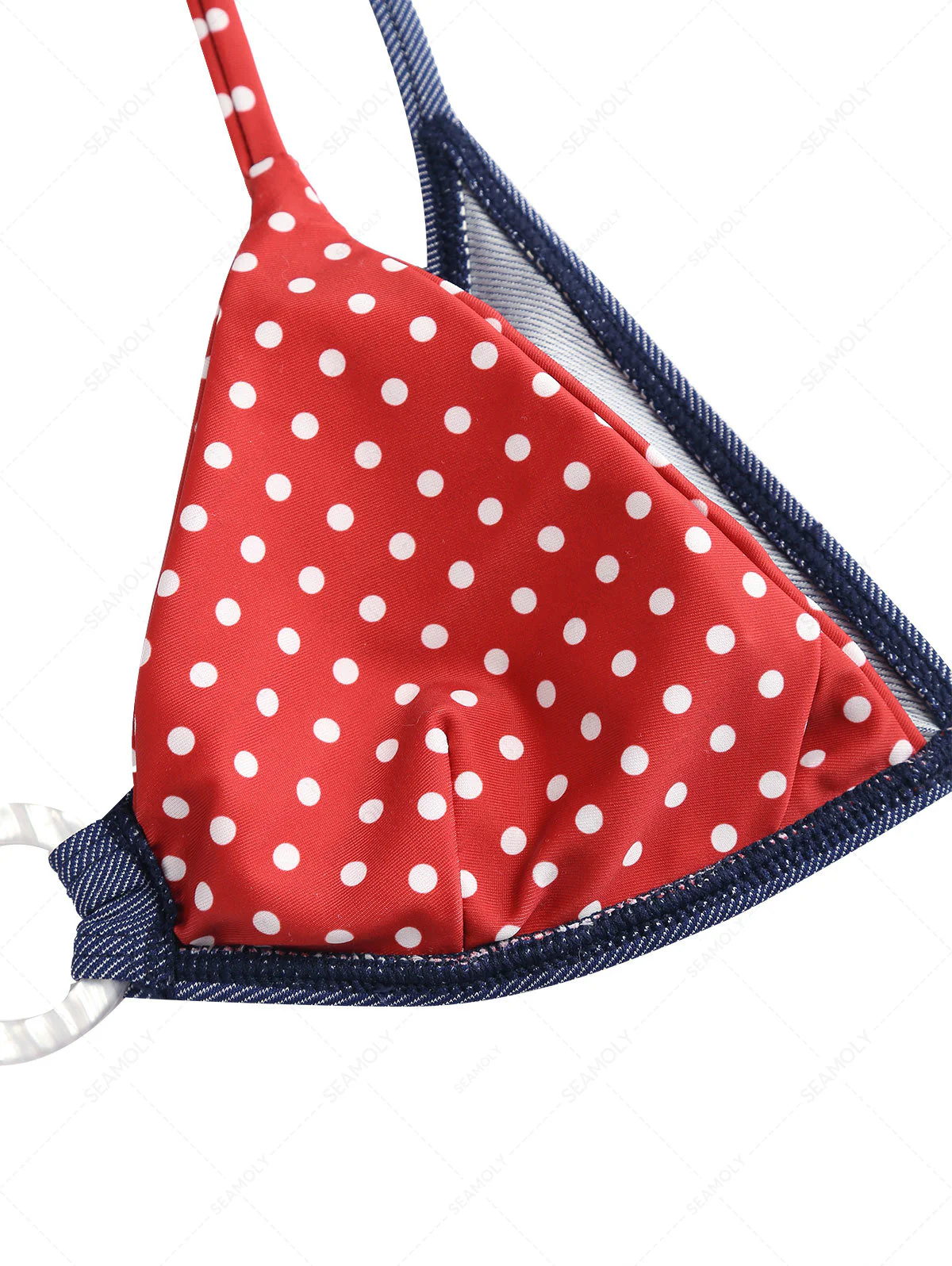 Seamolly 3 Piece Denim Polka Dot Print O Ring Double Layer Cheeky Boyshort Bikini Set - Image 7