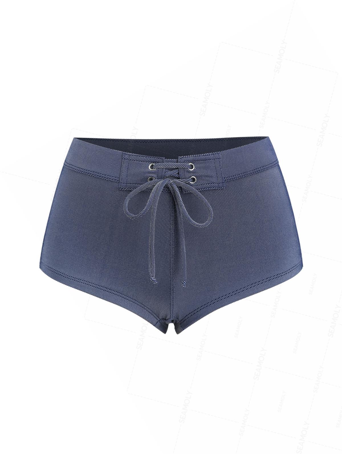 Seamolly 3 Piece Denim Polka Dot Print O Ring Double Layer Cheeky Boyshort Bikini Set - Image 10