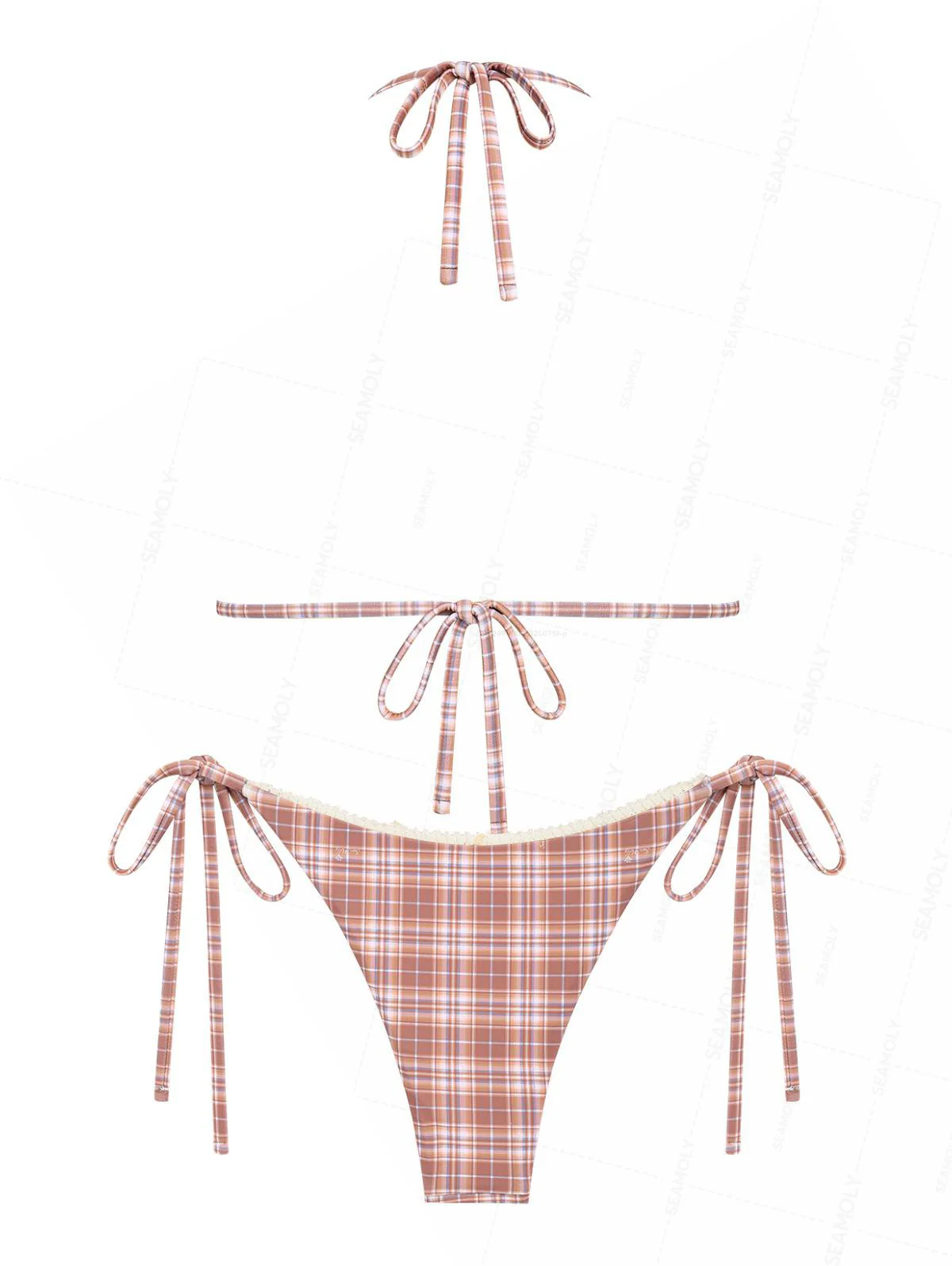 Seamolly Gingham Lace Trim Bowknot Decor Halter Triangle Tie Side Bikini Set - Image 9