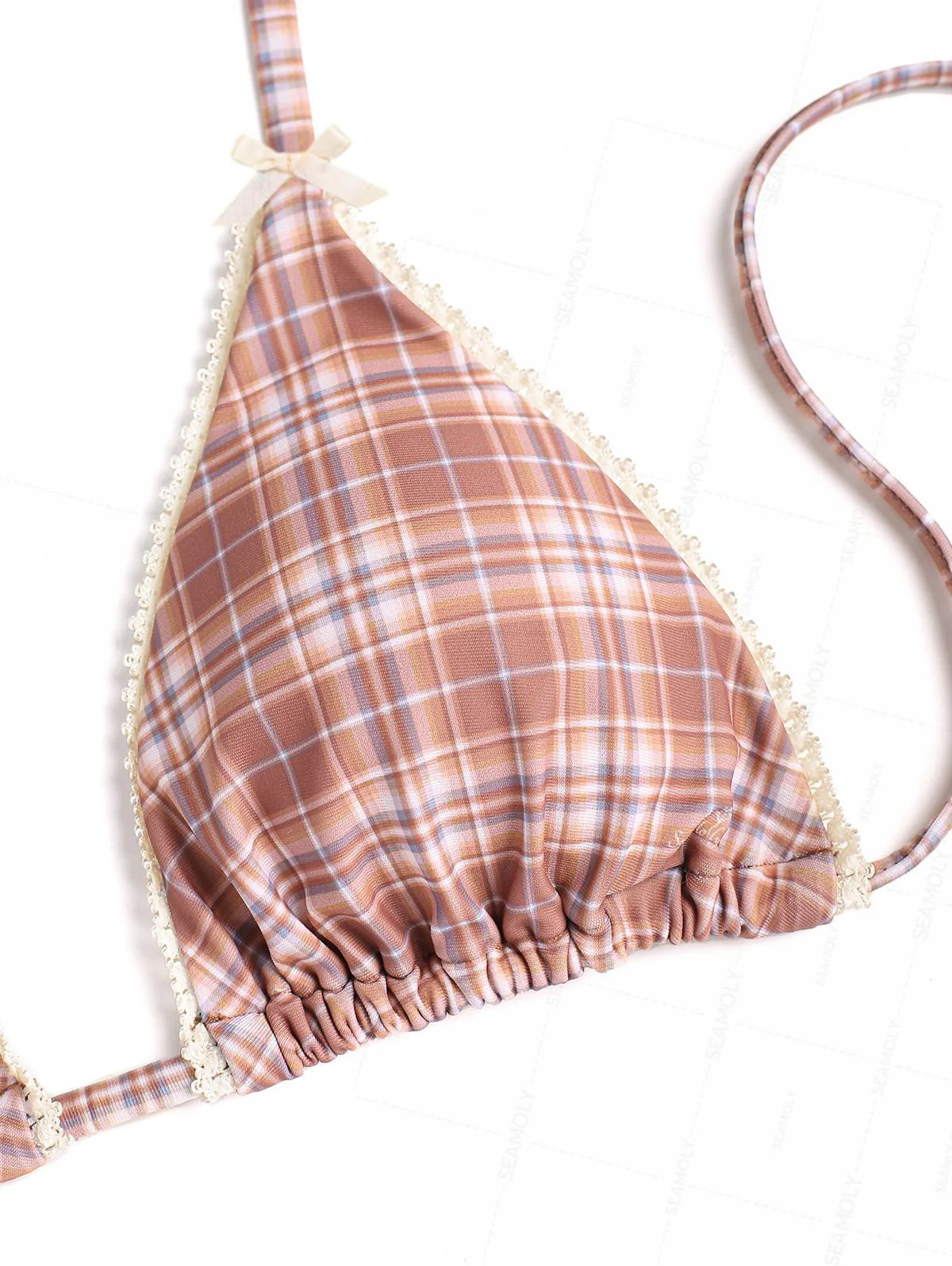 Seamolly Gingham Lace Trim Bowknot Decor Halter Triangle Tie Side Bikini Set - Image 11