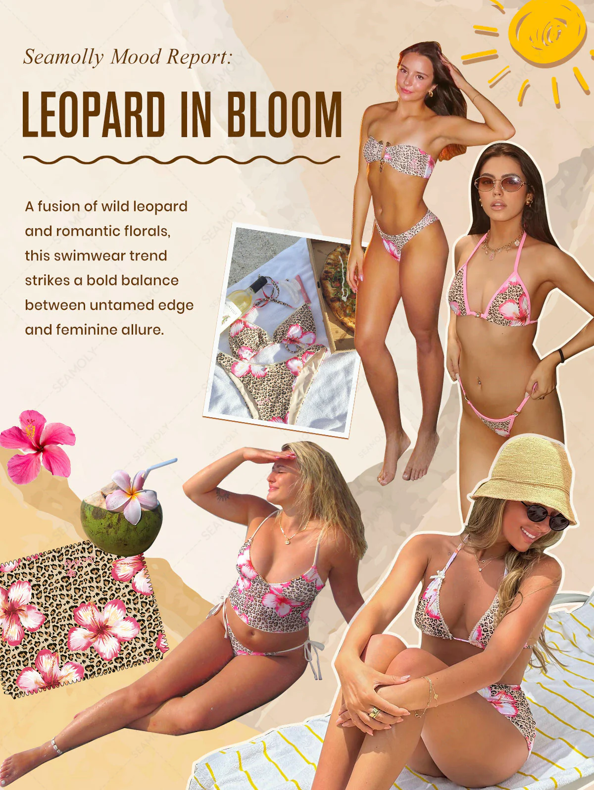 Seamolly Leopard Hawaii Style Floral Print Bandeau Top & Cheeky Brazilian Bottom Bikini Set - Image 3