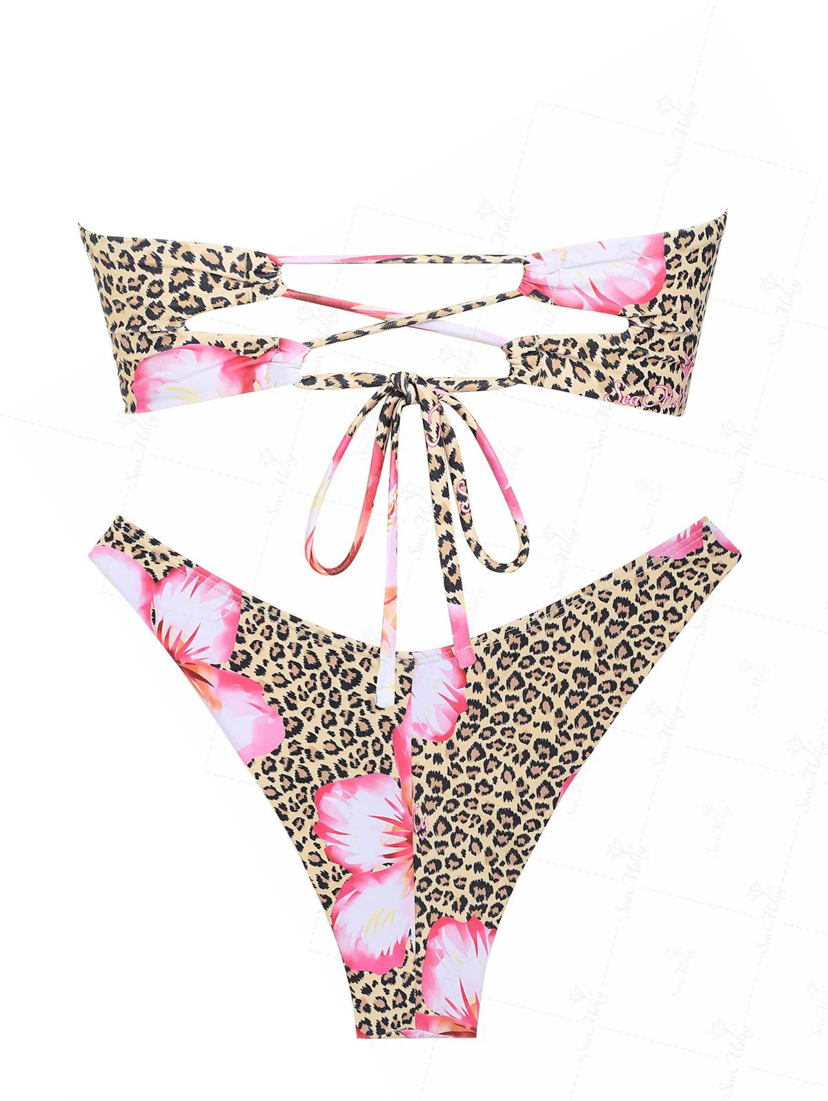 Seamolly Leopard Hawaii Style Floral Print Bandeau Top & Cheeky Brazilian Bottom Bikini Set - Image 8