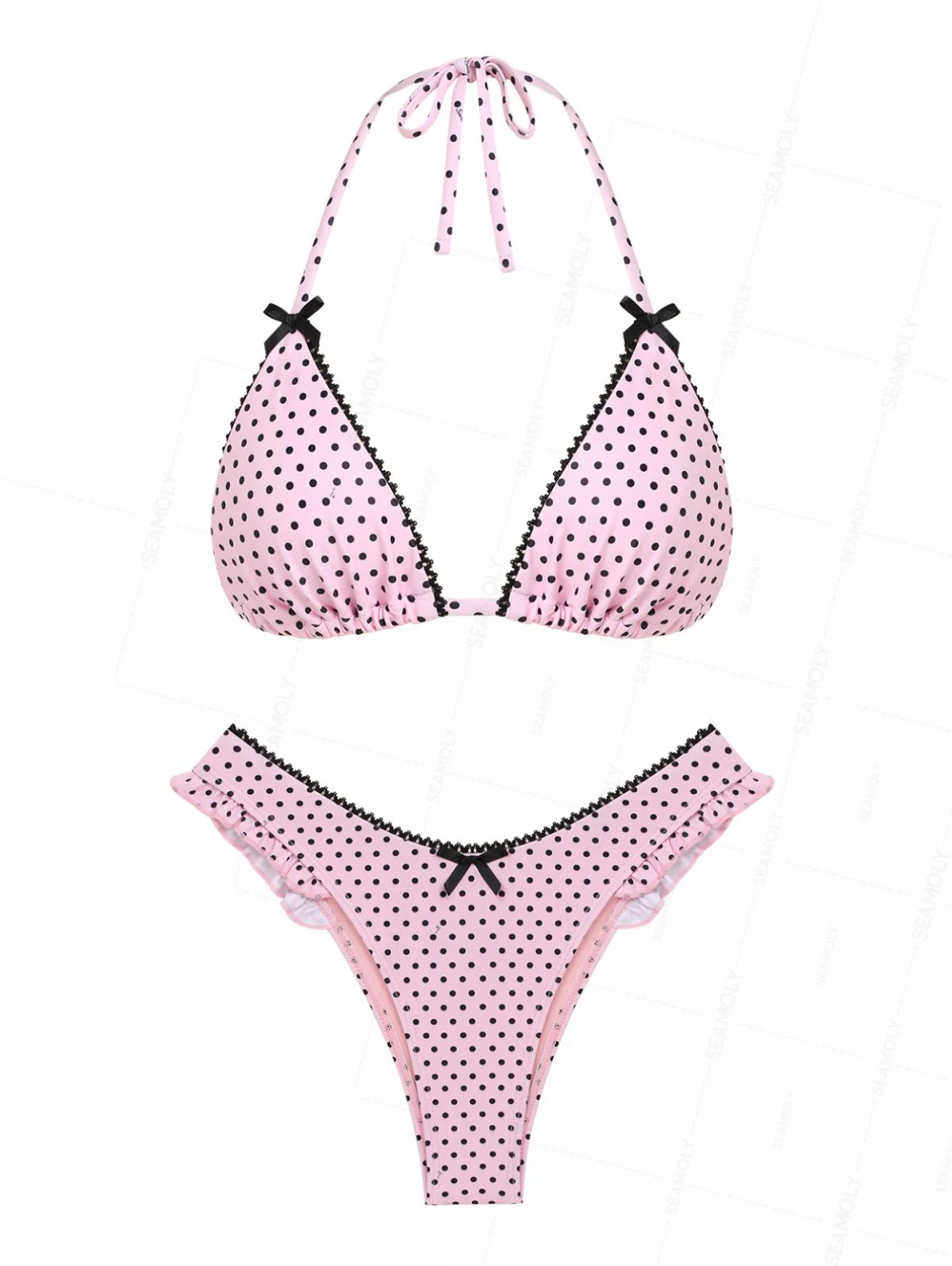 Seamolly 3 Piece Polka Dot Lace Ruffles Bowknot Triangle Cheeky Boyshort Bikini Set - Image 10