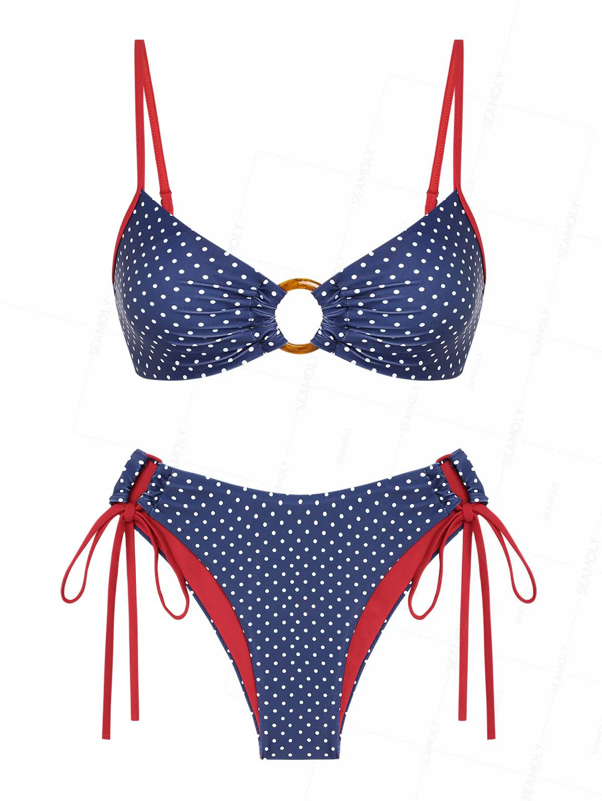 Seamolly 3 Piece Polka Dot Print O Ring Cheeky Boyshort Bikini Set for 4th of July - Image 2