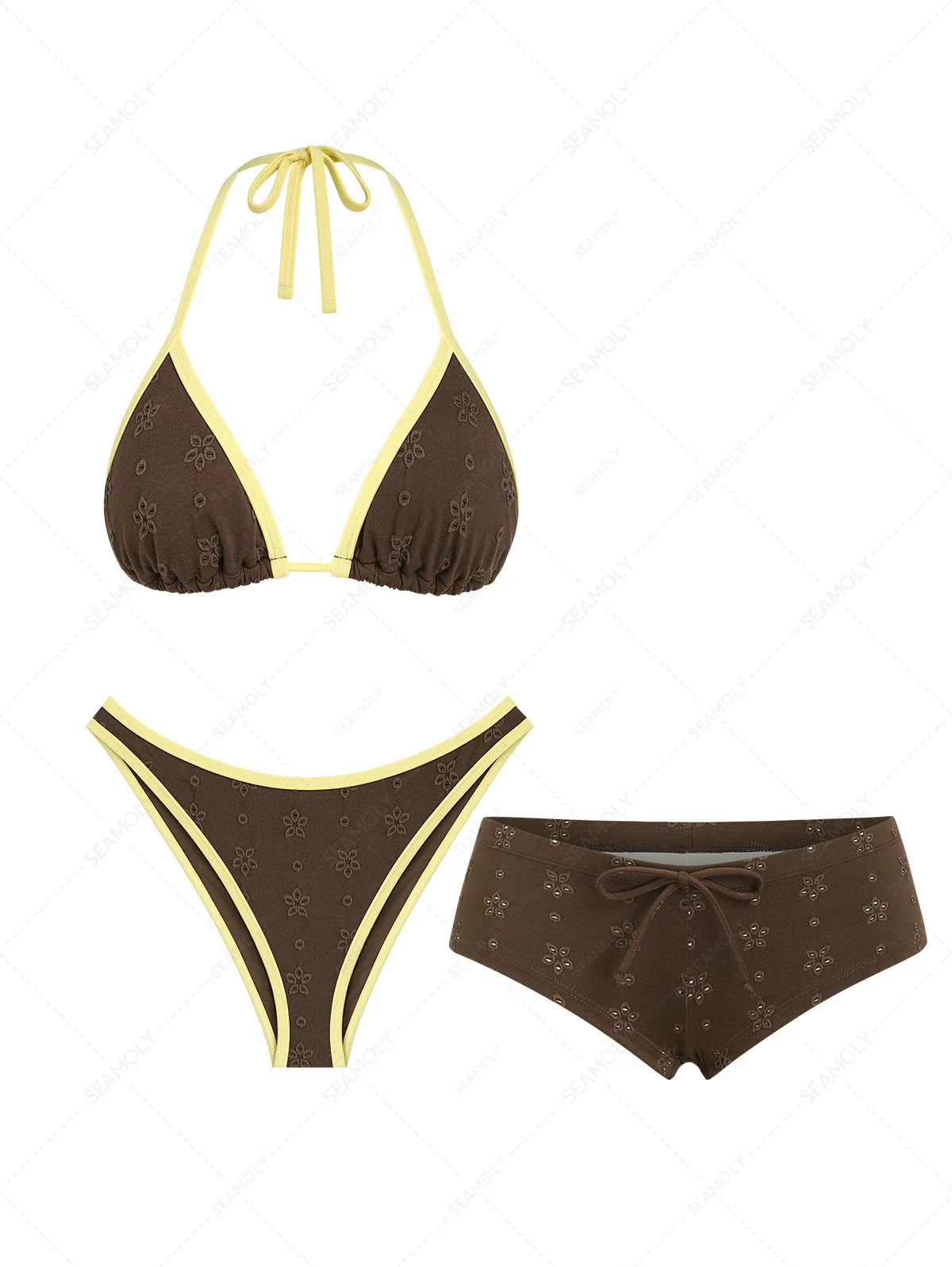 Seamolly 3 Piece Recycled Fabric Jacquard Contrast Binding Cheeky Boyshort Bikini Set