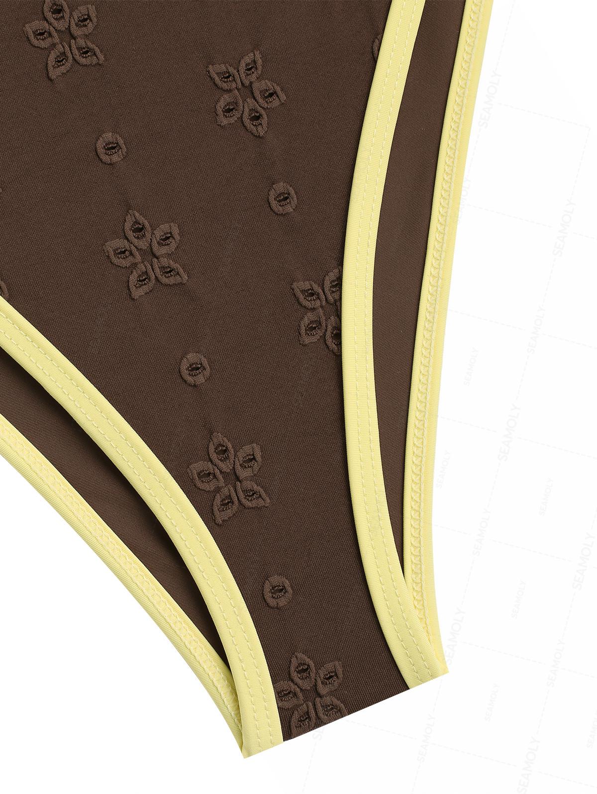 Seamolly 3 Piece Recycled Fabric Jacquard Contrast Binding Cheeky Boyshort Bikini Set - Image 6