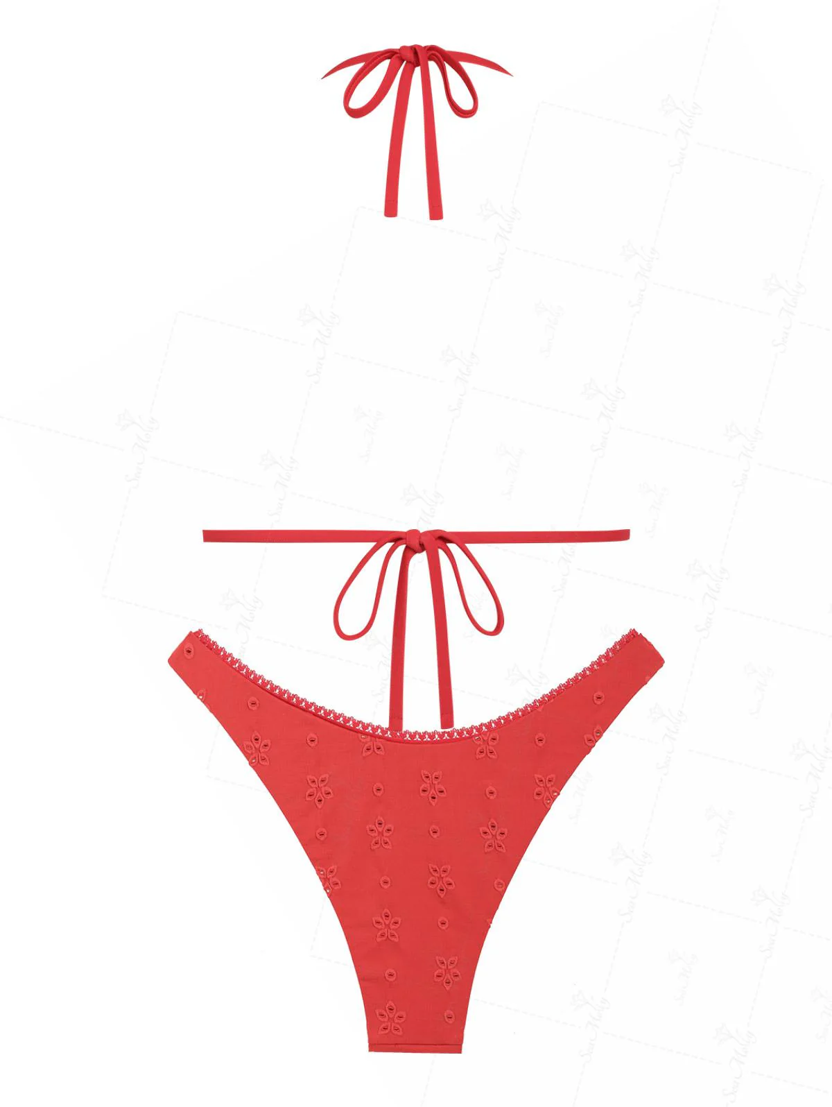 Seamolly Recycled Fabric Floral Jacquard Lace Trim Halter Triangle Cheeky Bikini Set - Image 9
