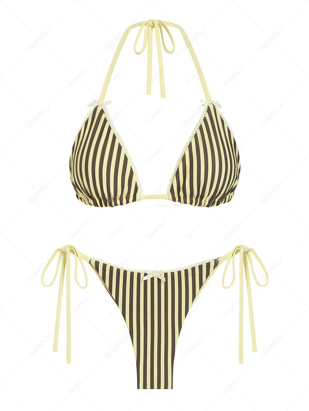 Seamolly Striped Lace Bowknot Triangle Top & Cheeky Brazilian Bottom Bikini Set