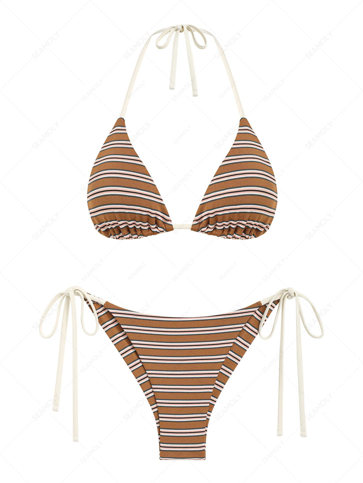 Seamolly 3 Piece Striped Halter Triangle Brazilian Cheeky Boyshort Bikini Set - Image 2