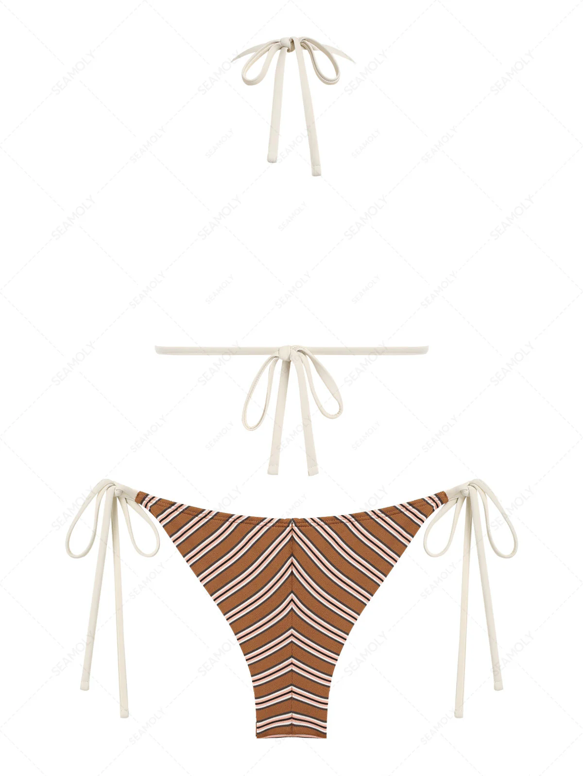 Seamolly 3 Piece Striped Halter Triangle Brazilian Cheeky Boyshort Bikini Set - Image 3