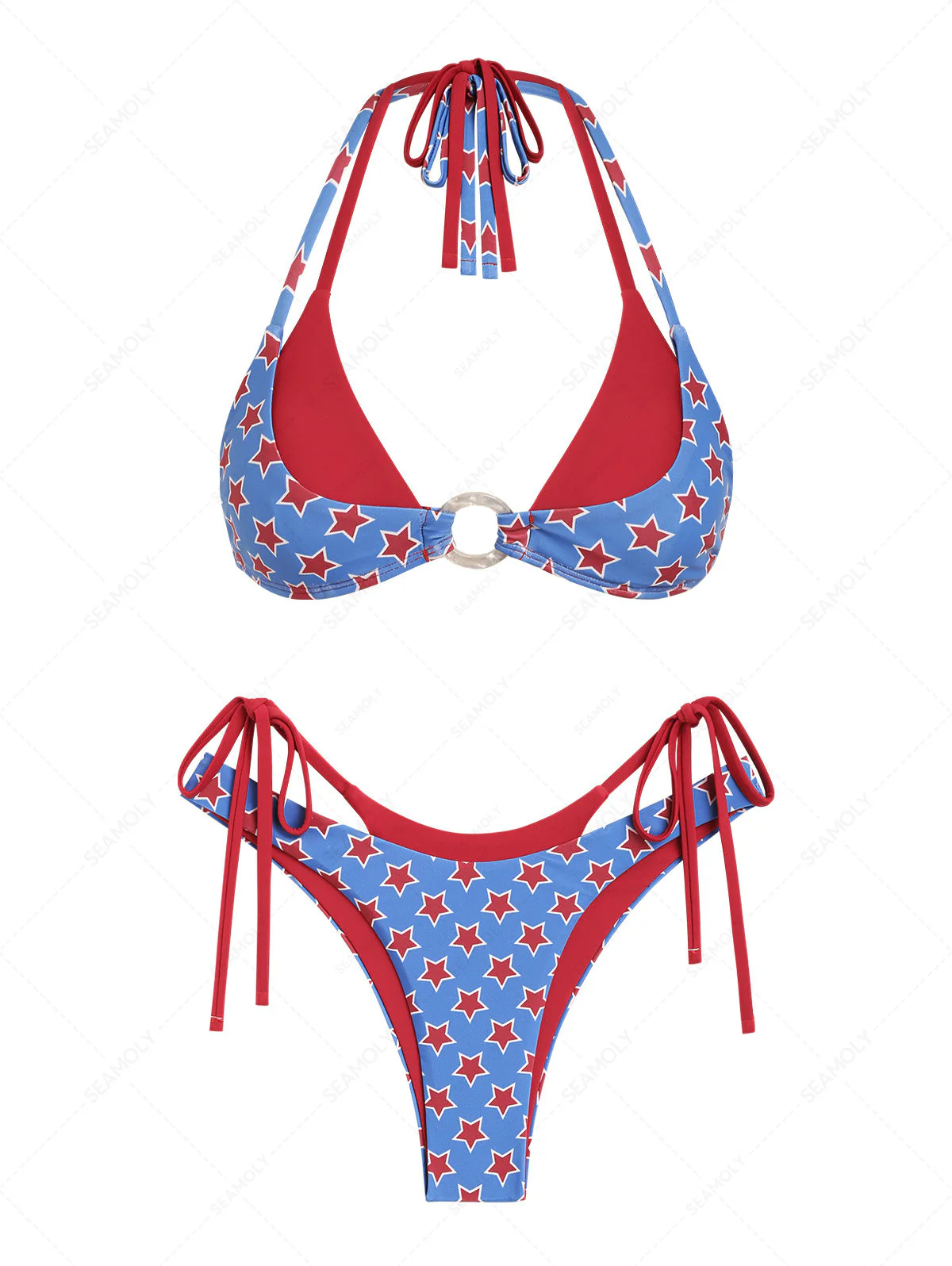 Seamolly Contrast Color Stars Print O Ring Double Layer Bikini Set for 4th of July