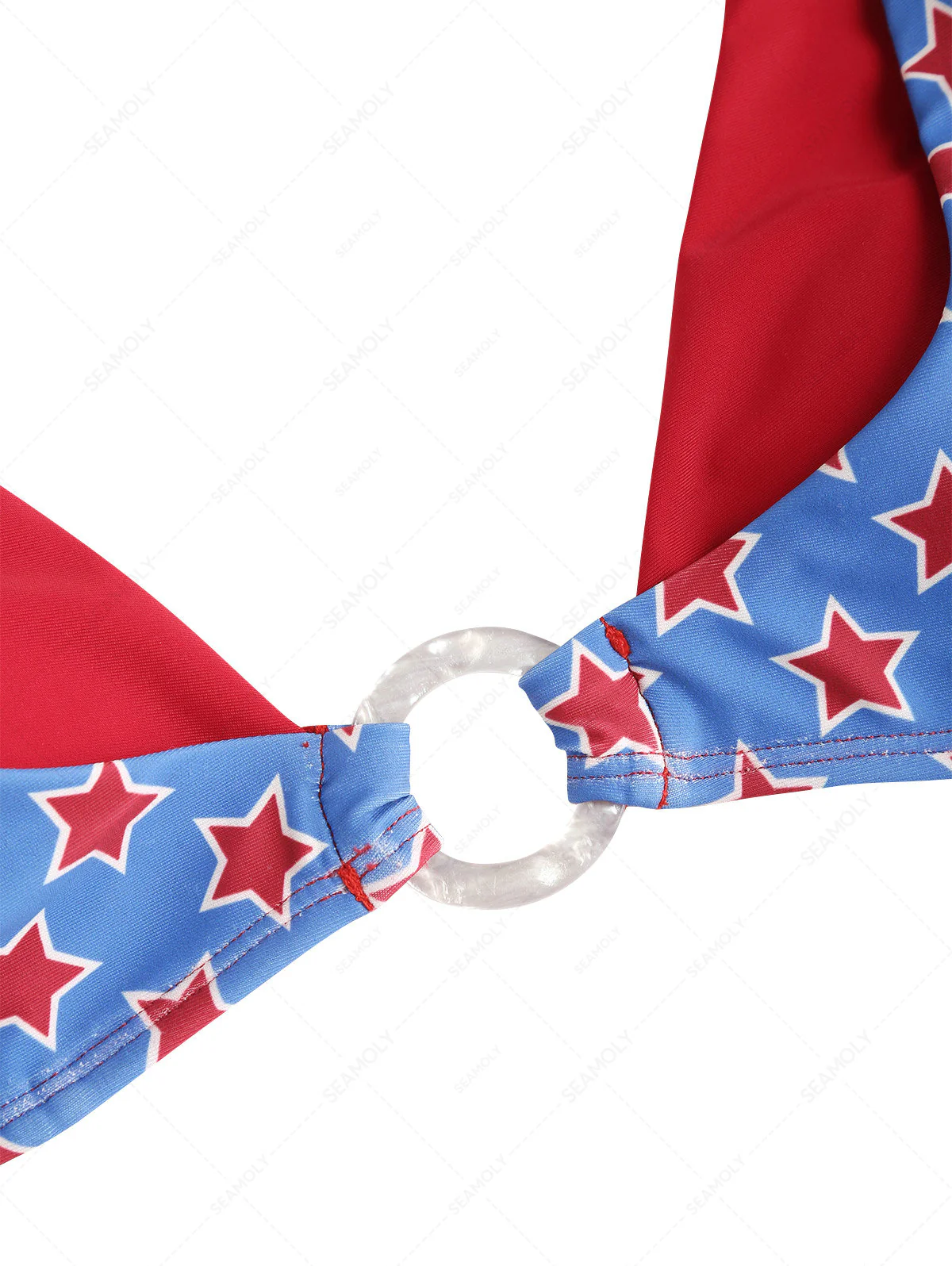 Seamolly Contrast Color Stars Print O Ring Double Layer Bikini Set for 4th of July - Image 4