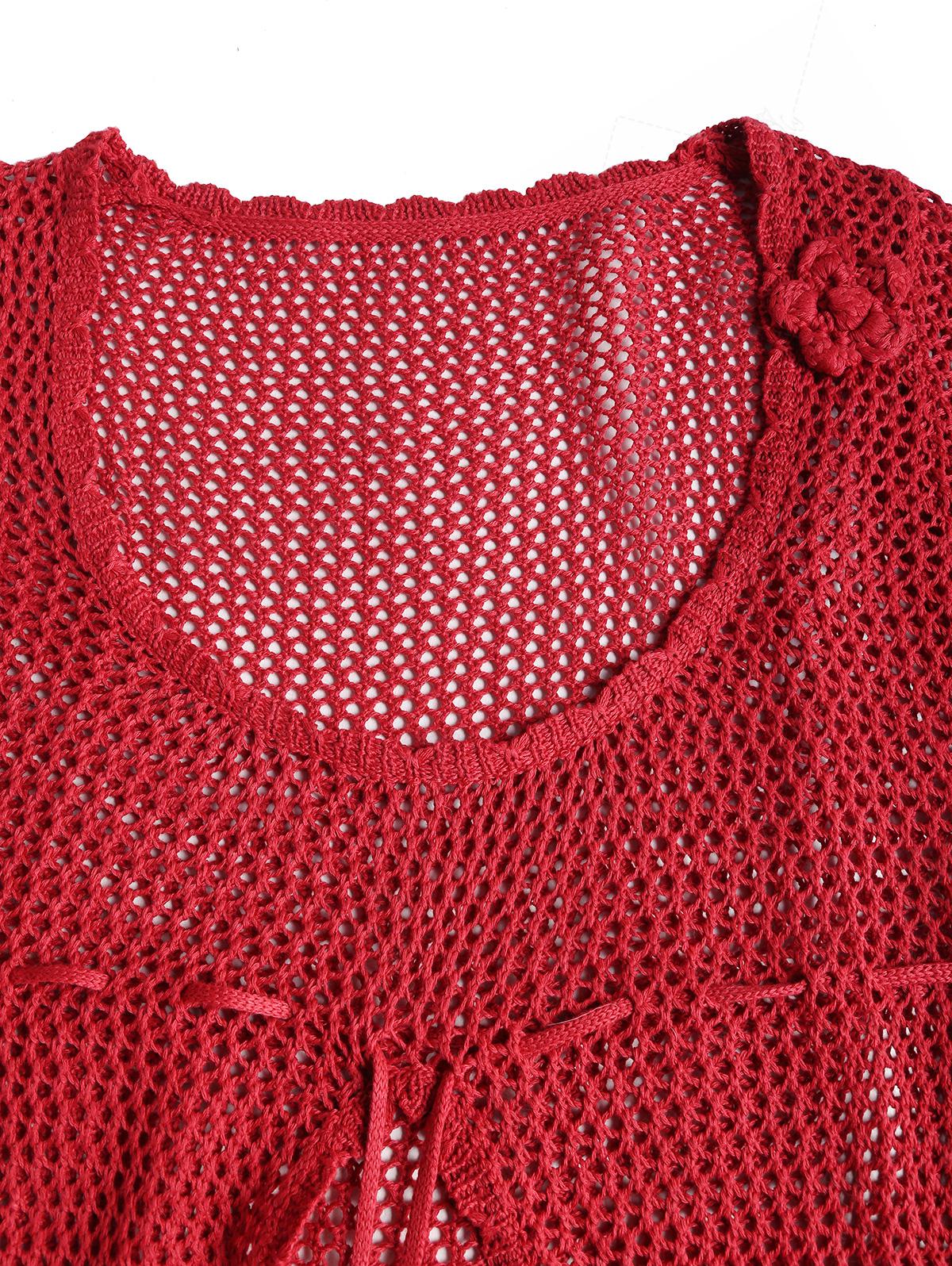 Red Crochet Openwork Scalloped Front Tied Slit Flyaway Beach Cover Up Top - Image 3