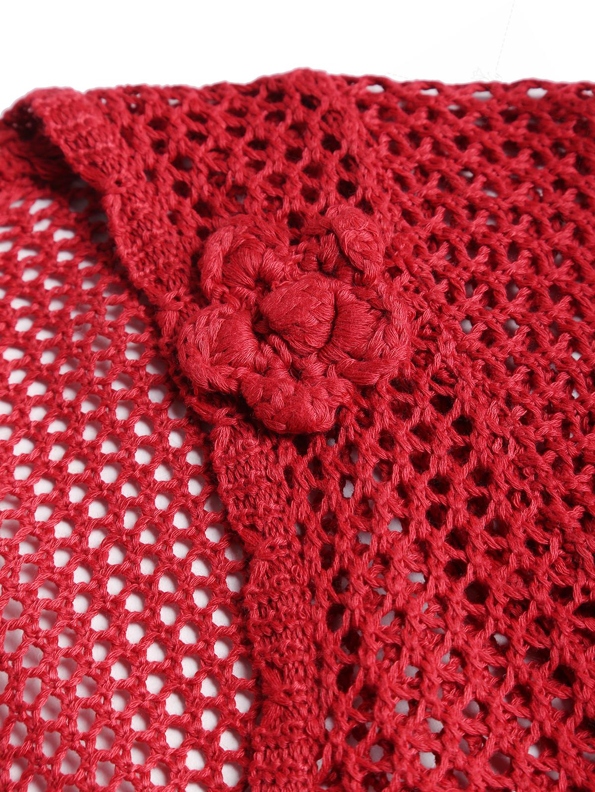 Red Crochet Openwork Scalloped Front Tied Slit Flyaway Beach Cover Up Top - Image 4