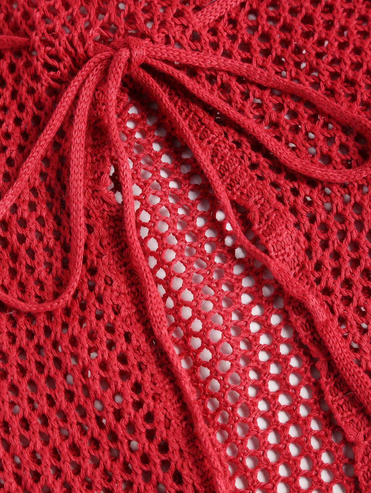 Red Crochet Openwork Scalloped Front Tied Slit Flyaway Beach Cover Up Top - Image 5