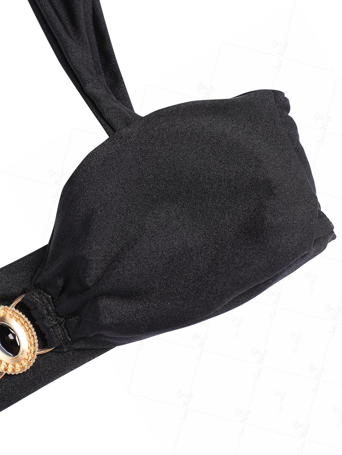 Seamolly Black Shiny Rhinestones Metal Decor Cheeky Bikini Set - Image 12